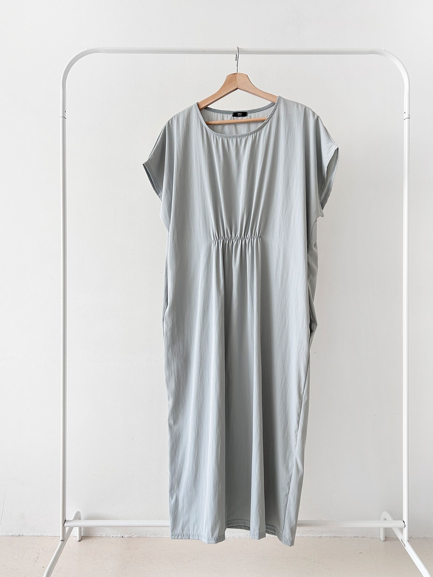 ラウンドネックシャーリングフレンチスリーブオーバーサイズマキシルーズ半袖Hライン(ロング丈)無地ワンピース | 詳細画像48