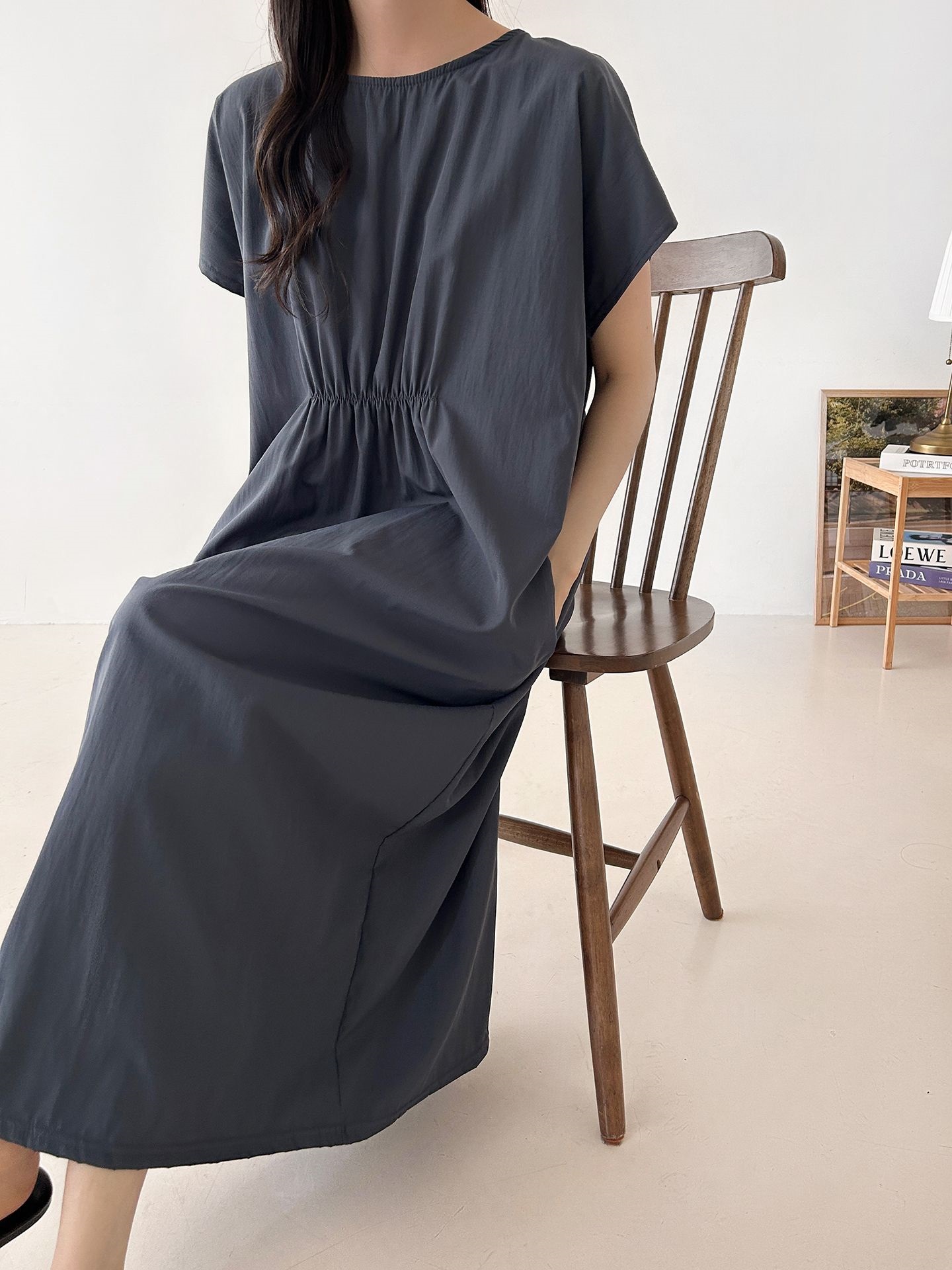 ラウンドネックシャーリングフレンチスリーブオーバーサイズマキシルーズ半袖Hライン(ロング丈)無地ワンピース | 詳細画像44