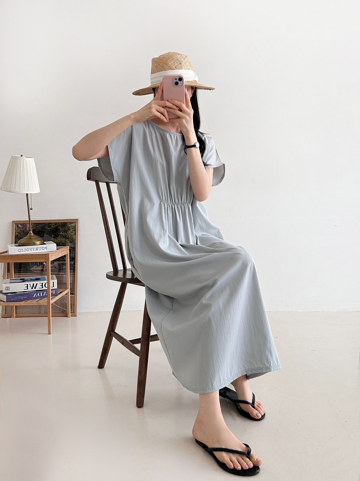 ラウンドネックシャーリングフレンチスリーブオーバーサイズマキシルーズ半袖Hライン(ロング丈)無地ワンピース | 詳細画像15