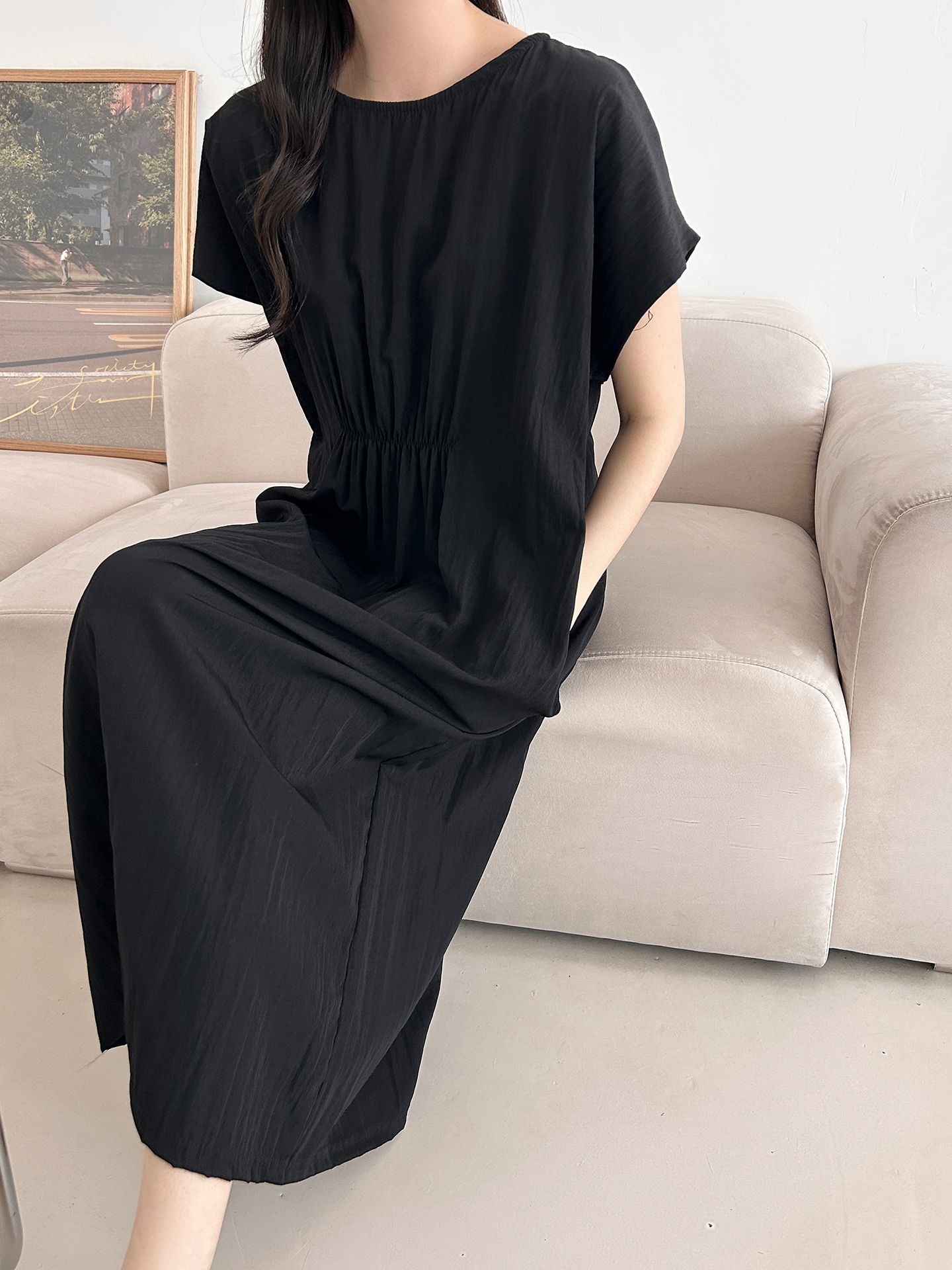 ラウンドネックシャーリングフレンチスリーブオーバーサイズマキシルーズ半袖Hライン(ロング丈)無地ワンピース | 詳細画像24