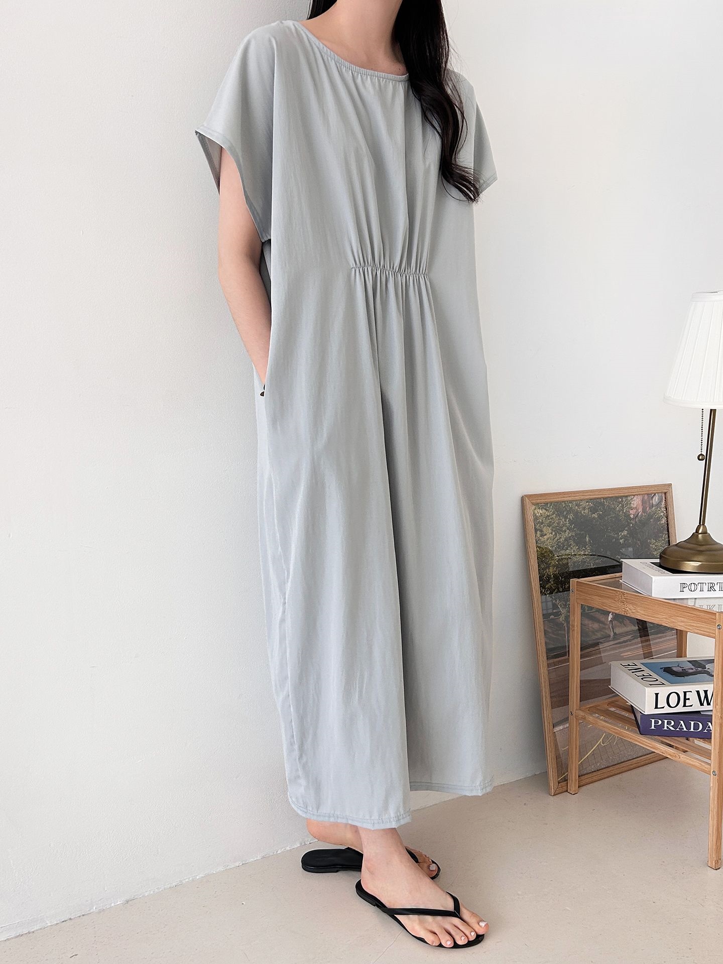 ラウンドネックシャーリングフレンチスリーブオーバーサイズマキシルーズ半袖Hライン(ロング丈)無地ワンピース | 詳細画像4