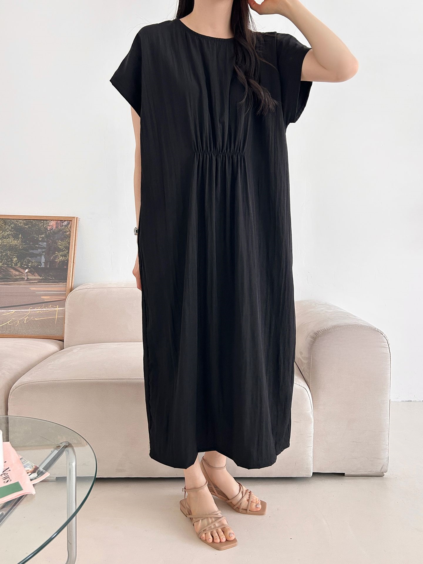 ラウンドネックシャーリングフレンチスリーブオーバーサイズマキシルーズ半袖Hライン(ロング丈)無地ワンピース | 詳細画像20