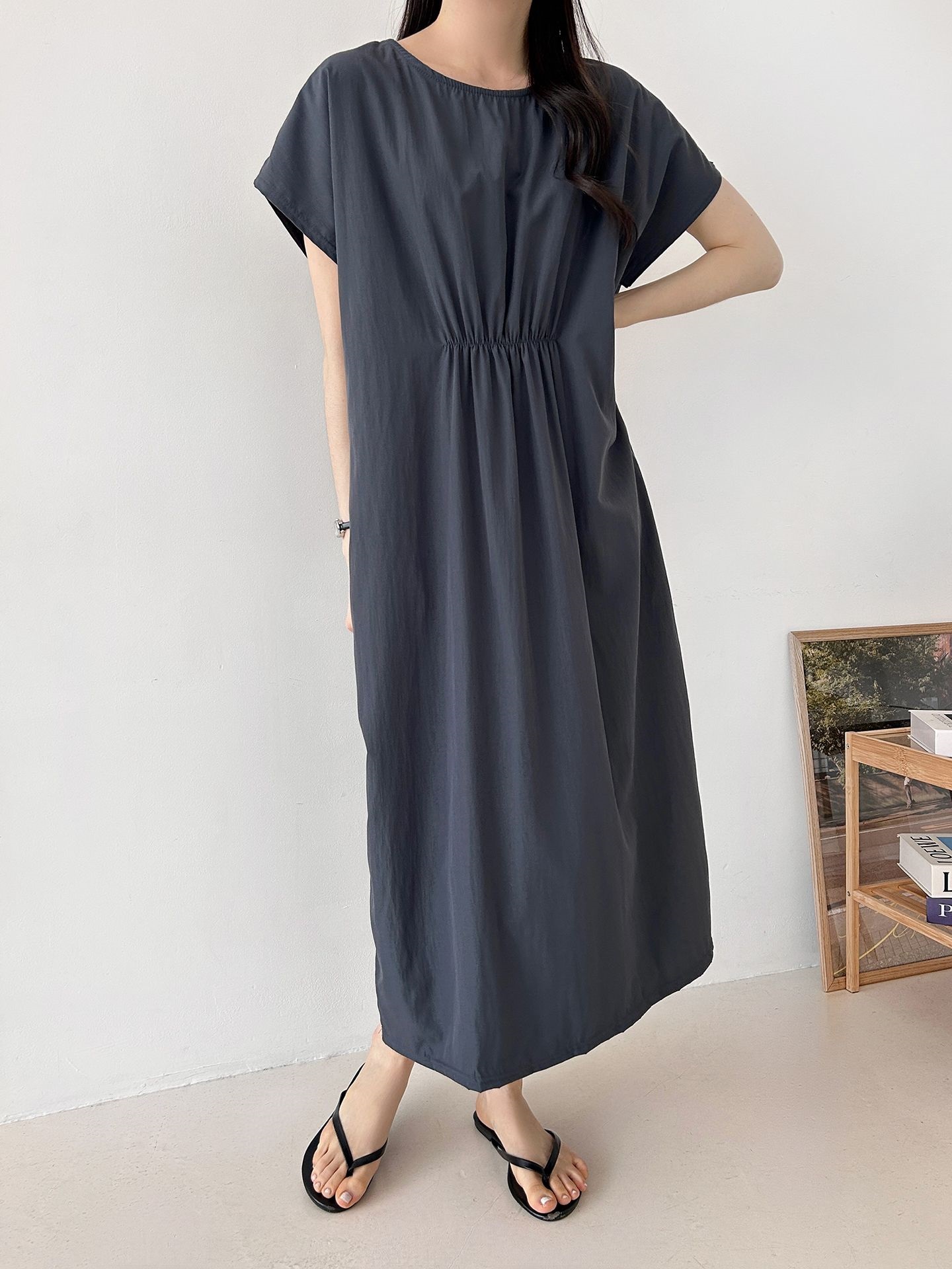 ラウンドネックシャーリングフレンチスリーブオーバーサイズマキシルーズ半袖Hライン(ロング丈)無地ワンピース | 詳細画像38