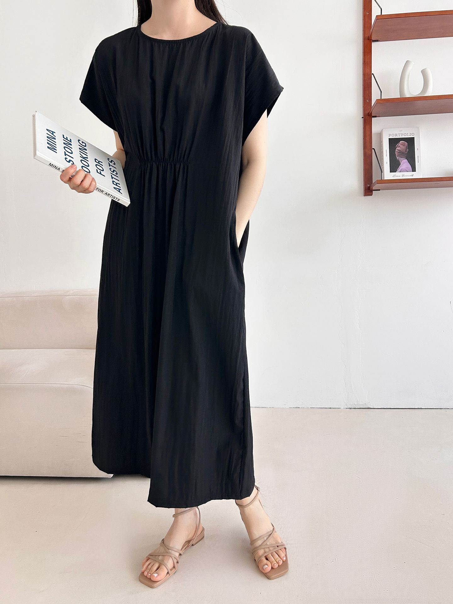 ラウンドネックシャーリングフレンチスリーブオーバーサイズマキシルーズ半袖Hライン(ロング丈)無地ワンピース | 詳細画像19