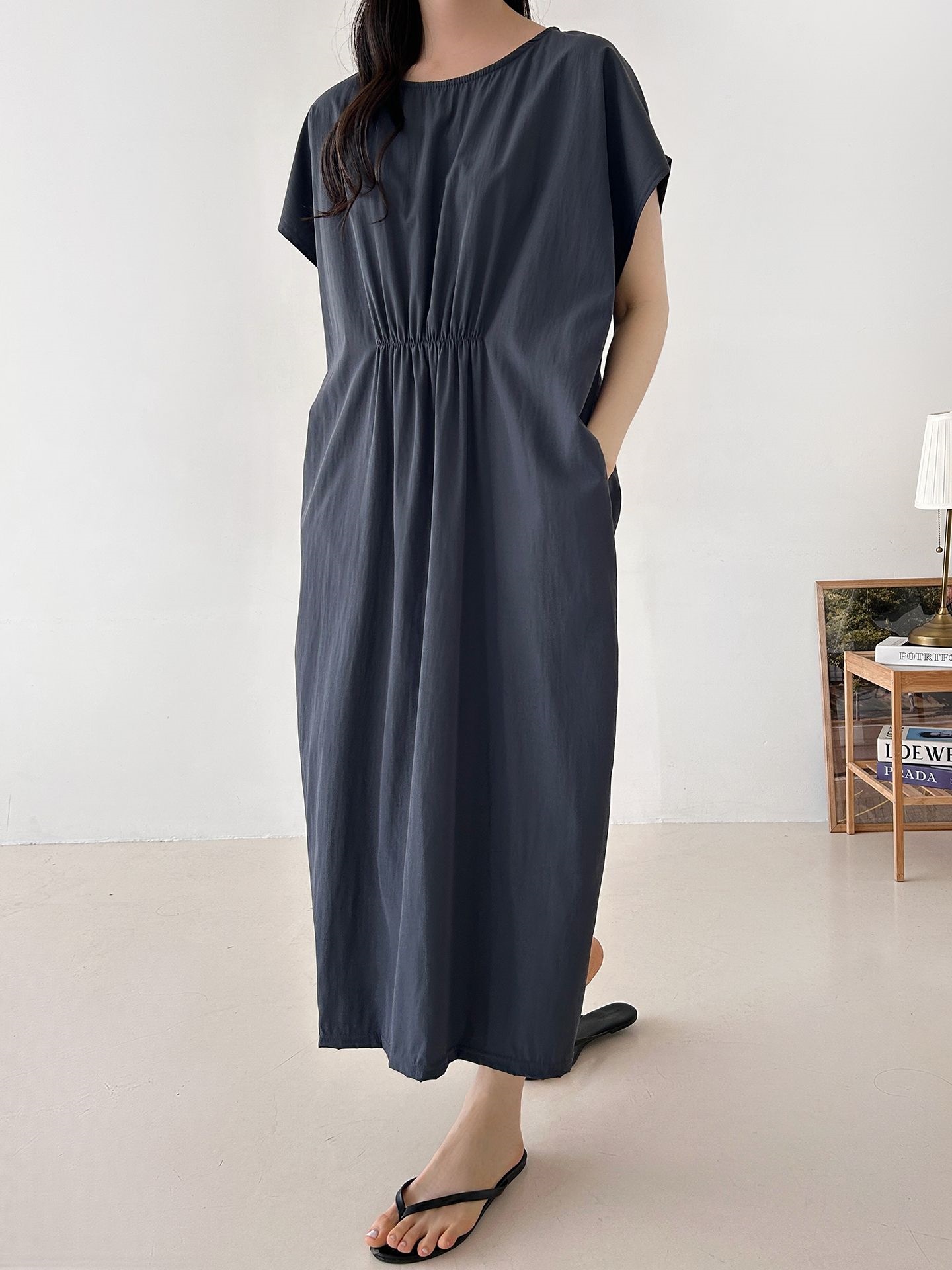 ラウンドネックシャーリングフレンチスリーブオーバーサイズマキシルーズ半袖Hライン(ロング丈)無地ワンピース | 詳細画像39