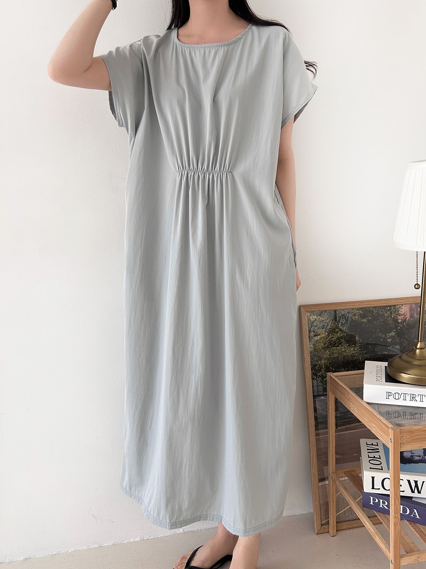 ラウンドネックシャーリングフレンチスリーブオーバーサイズマキシルーズ半袖Hライン(ロング丈)無地ワンピース | 詳細画像14