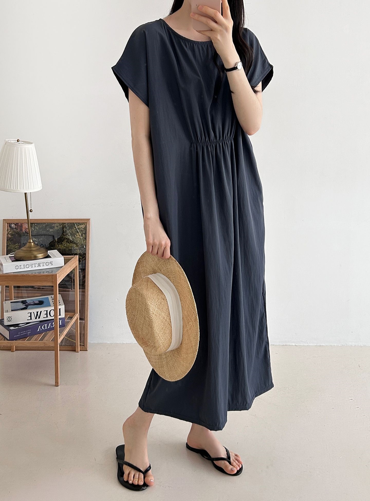 ラウンドネックシャーリングフレンチスリーブオーバーサイズマキシルーズ半袖Hライン(ロング丈)無地ワンピース | 詳細画像36