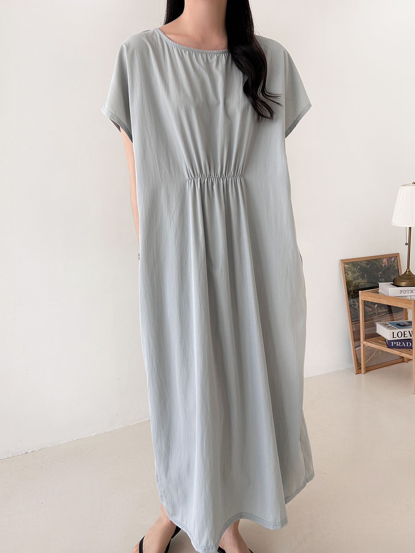 ラウンドネックシャーリングフレンチスリーブオーバーサイズマキシルーズ半袖Hライン(ロング丈)無地ワンピース | 詳細画像6