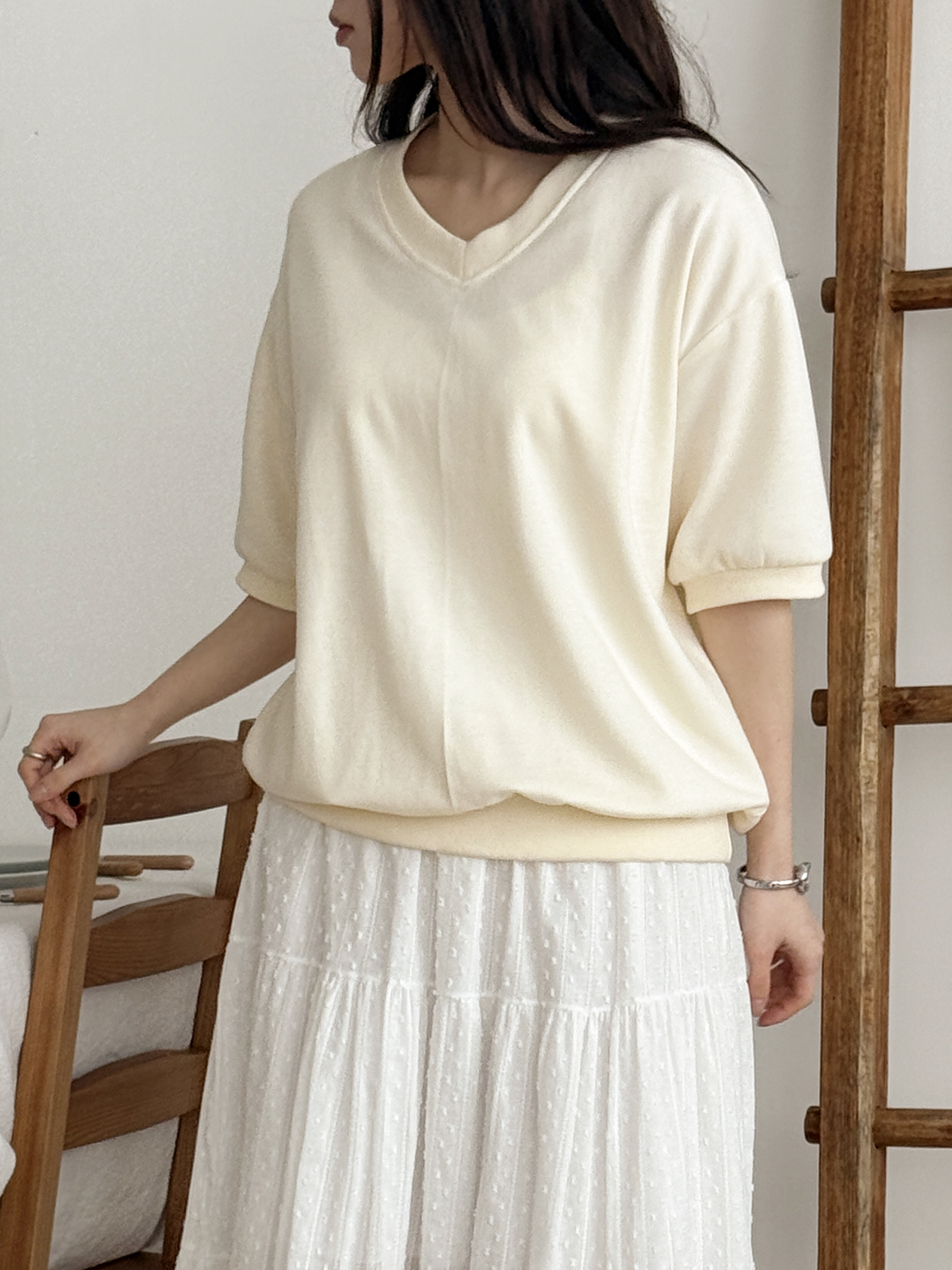 Vネック半袖ラベルドロップショルダー無地スウェット | 詳細画像2
