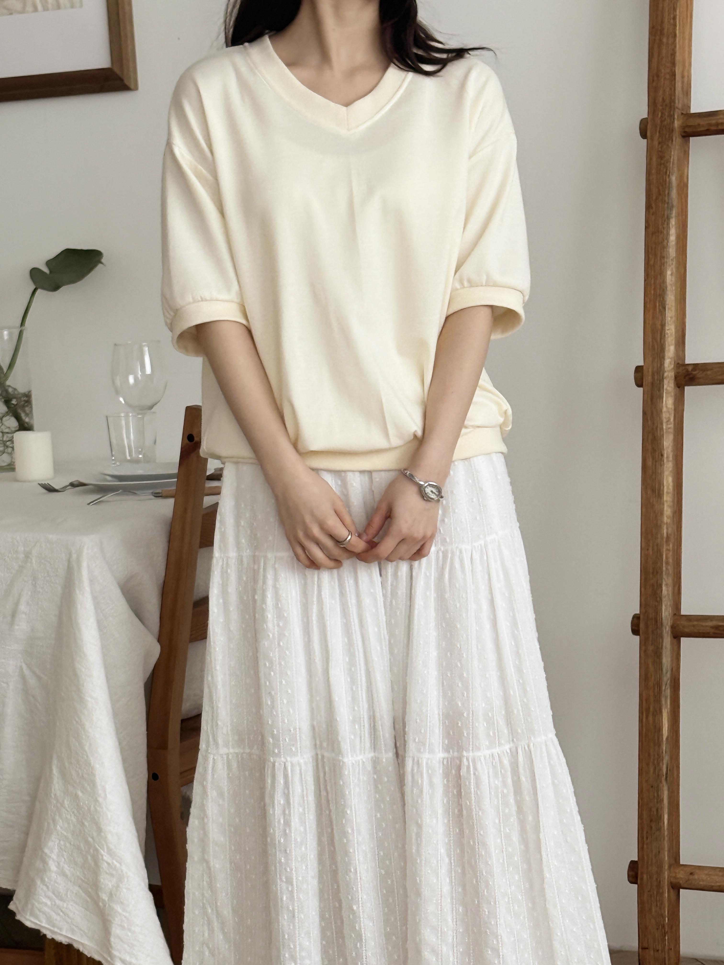 Vネック半袖ラベルドロップショルダー無地スウェット | 詳細画像3