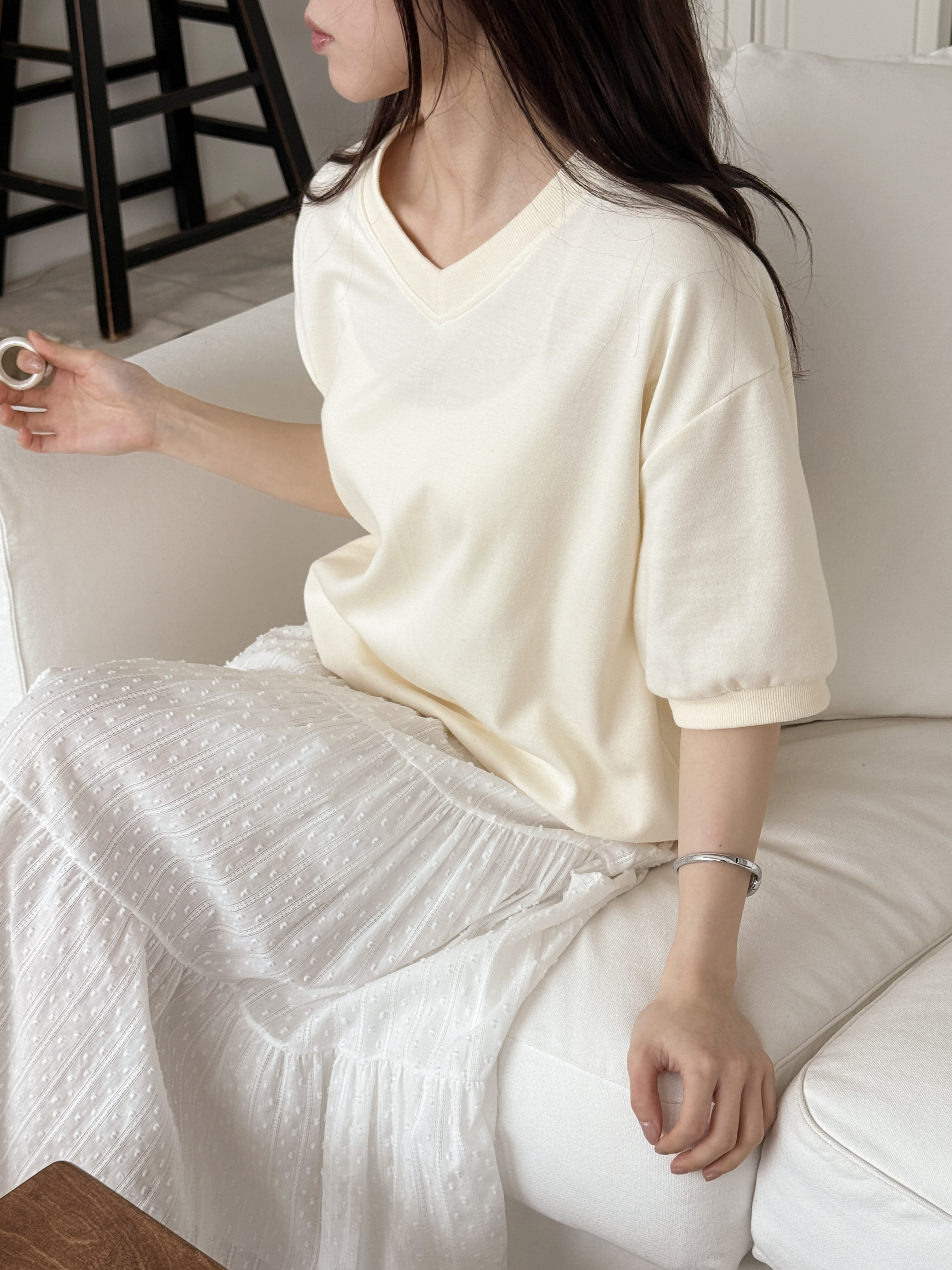Vネック半袖ラベルドロップショルダー無地スウェット | 詳細画像4