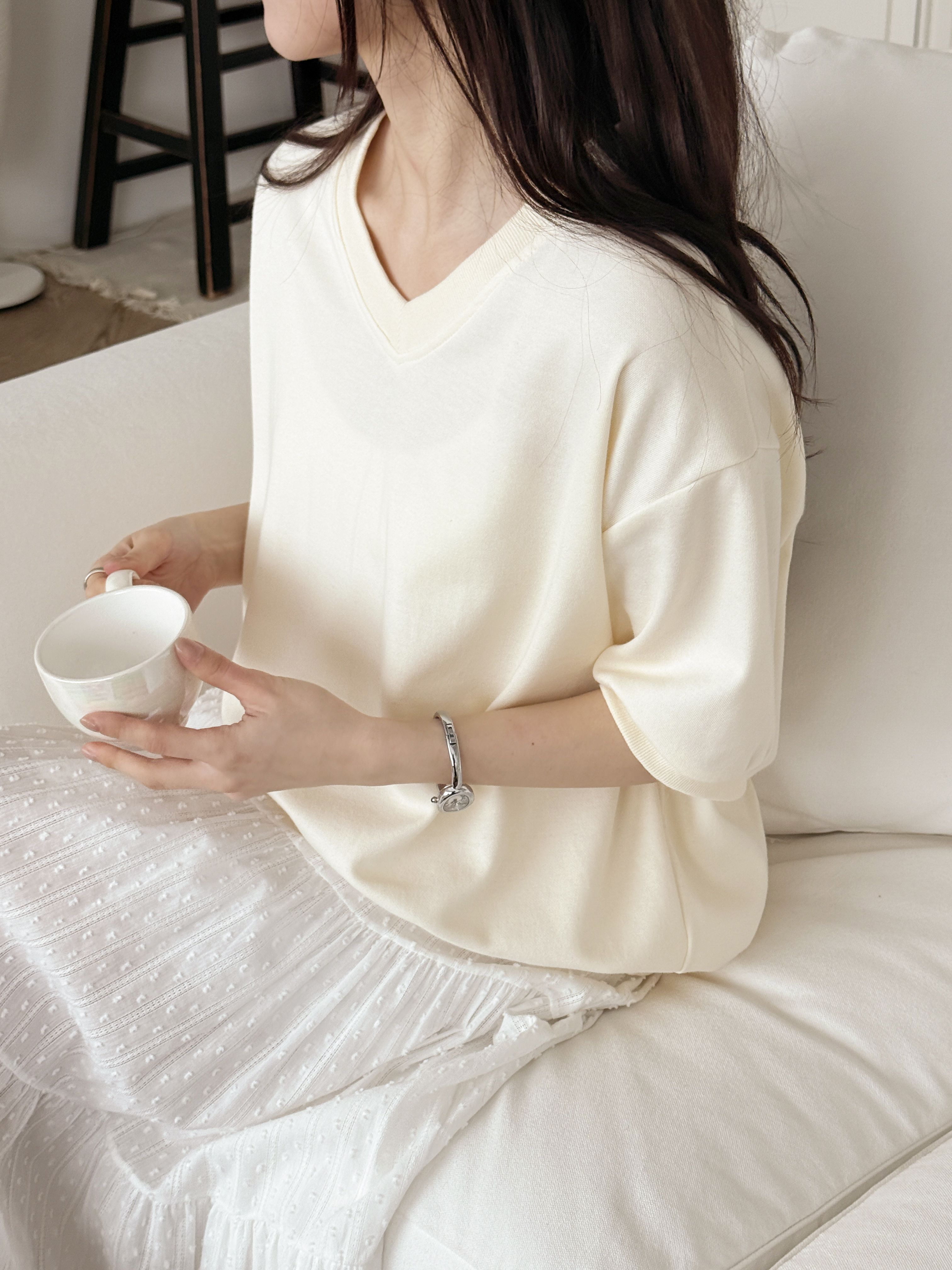 Vネック半袖ラベルドロップショルダー無地スウェット | 詳細画像5