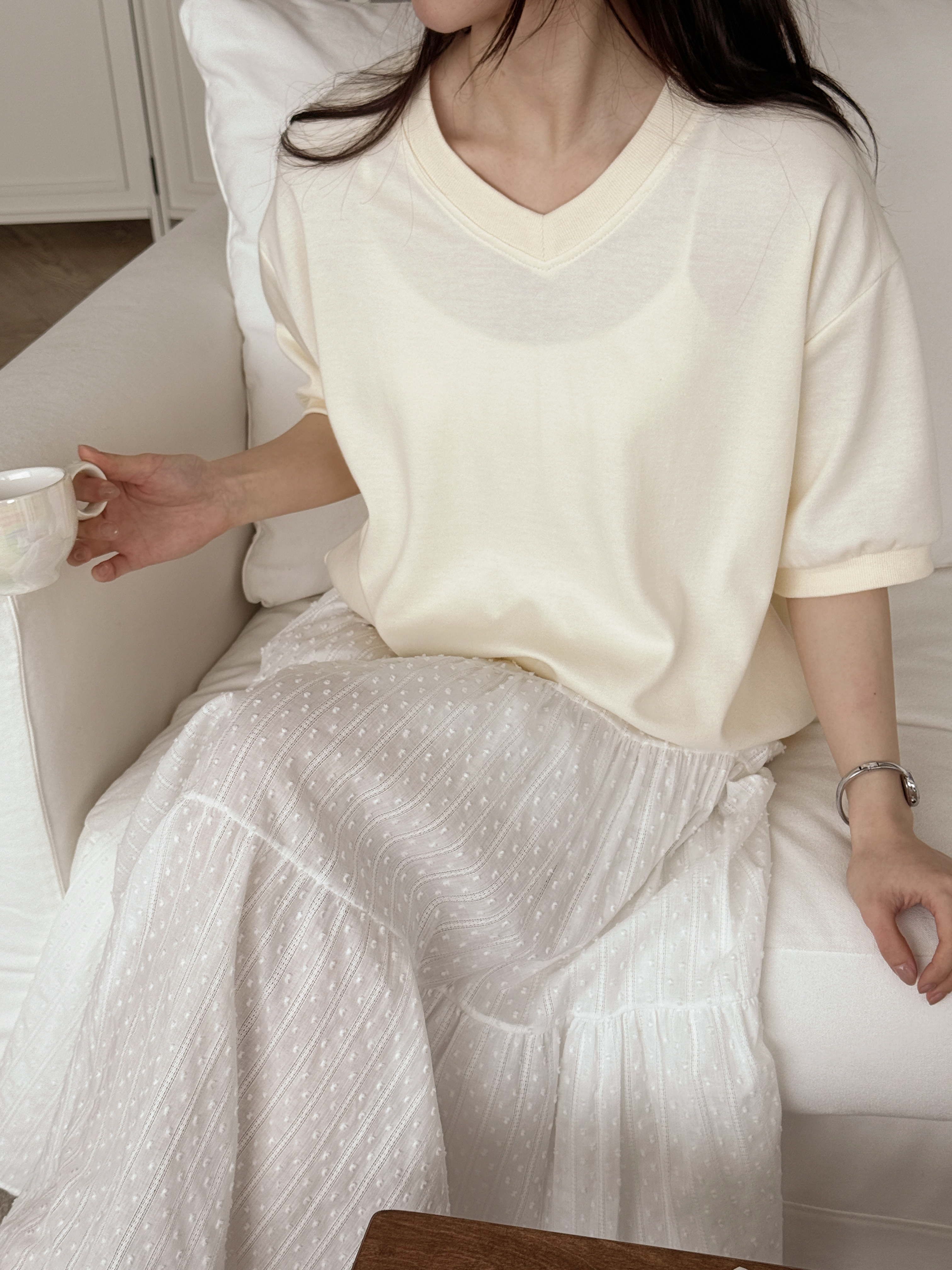 Vネック半袖ラベルドロップショルダー無地スウェット | 詳細画像6