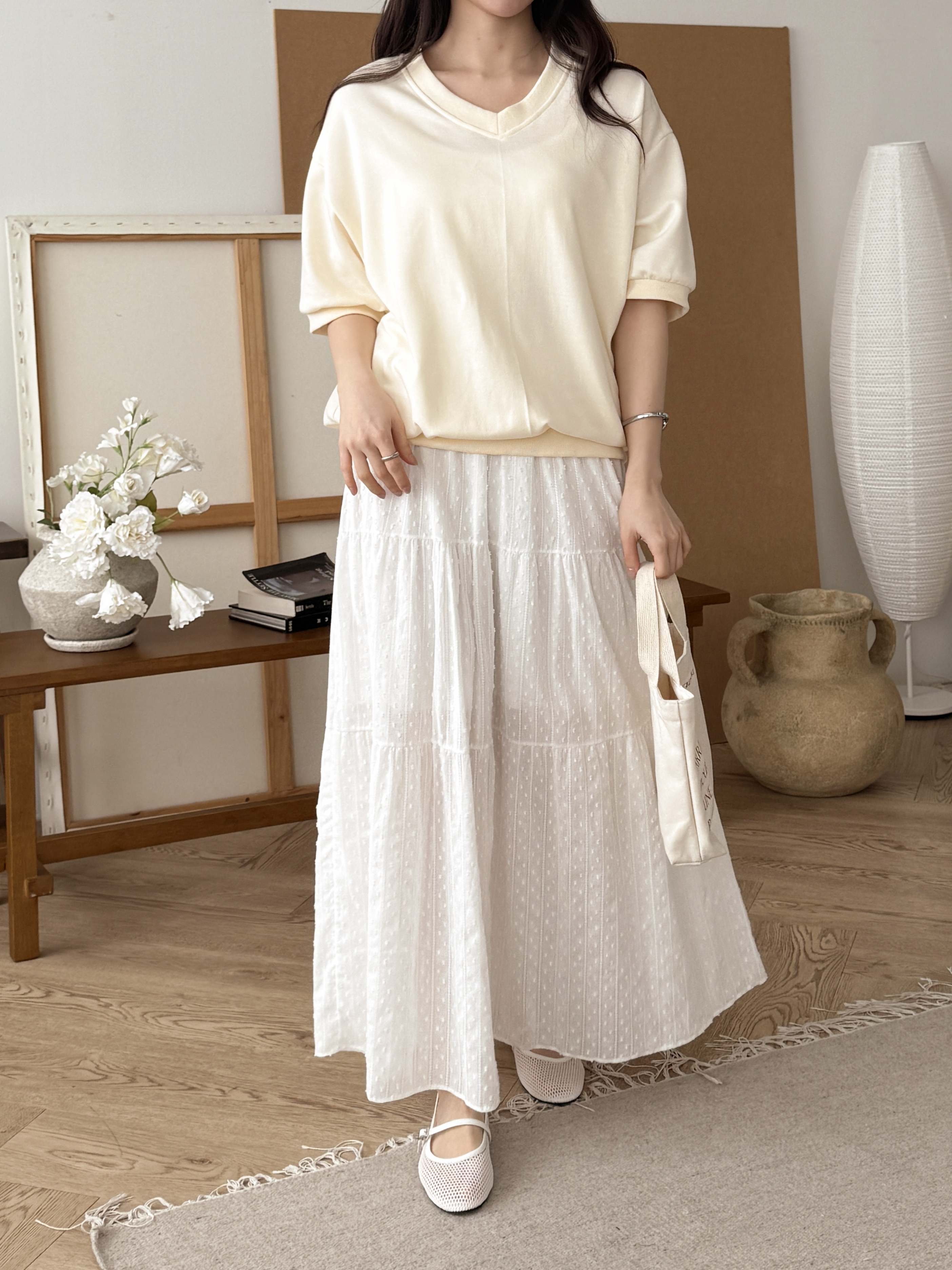 Vネック半袖ラベルドロップショルダー無地スウェット | 詳細画像7