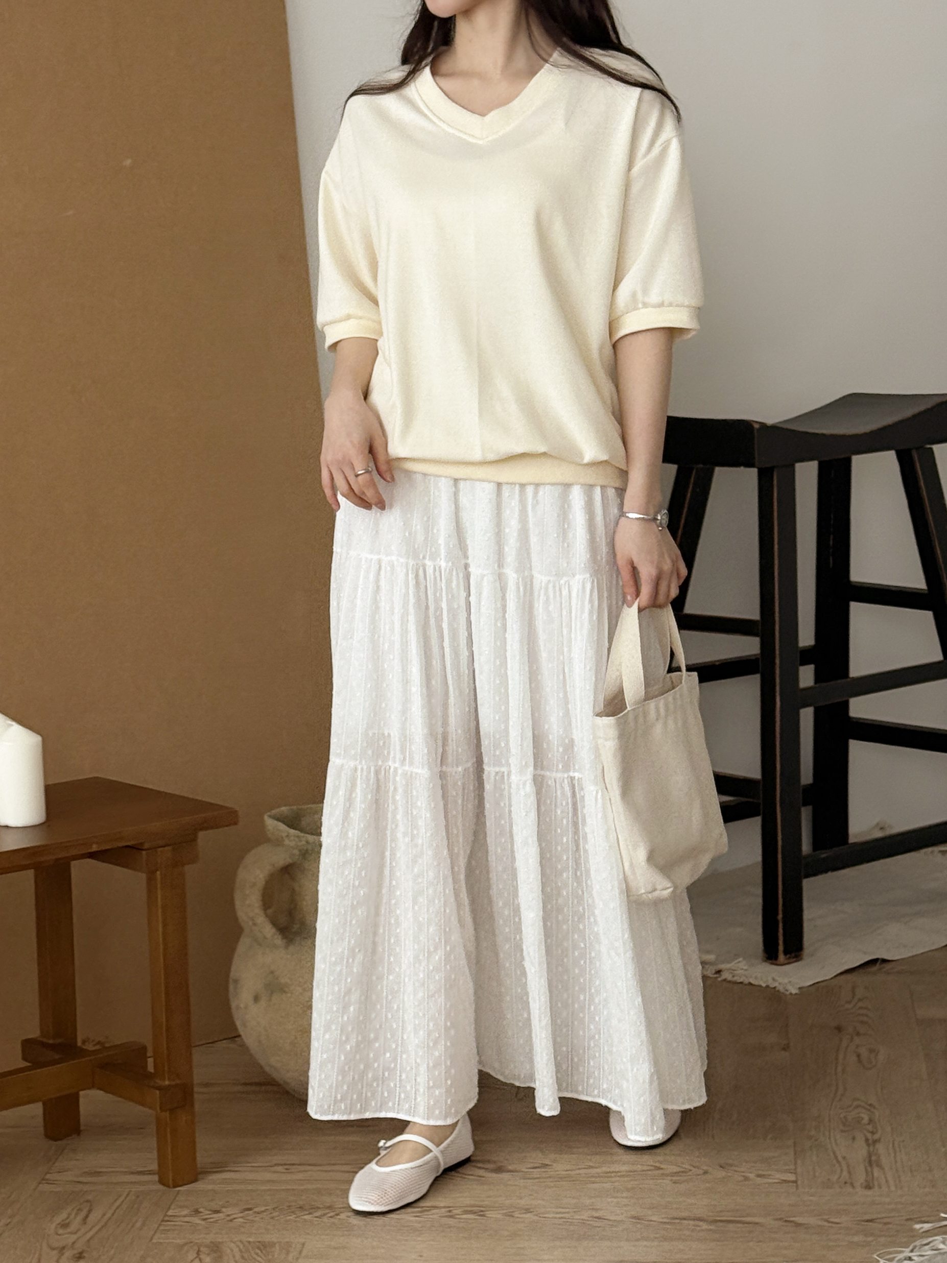 Vネック半袖ラベルドロップショルダー無地スウェット | 詳細画像9