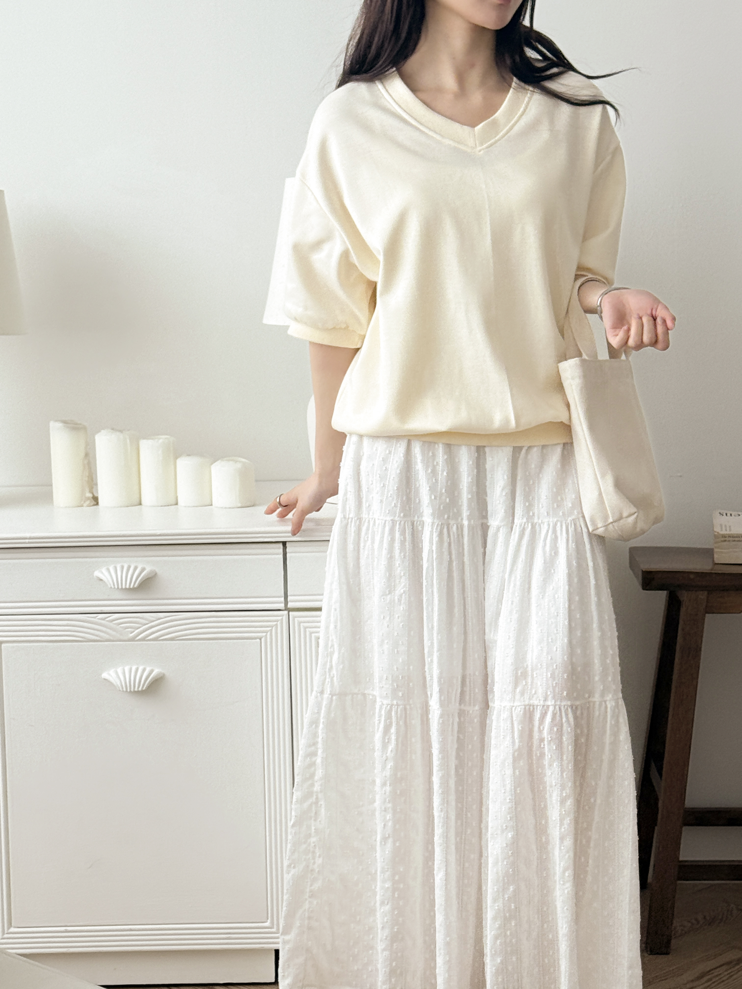 Vネック半袖ラベルドロップショルダー無地スウェット | 詳細画像11