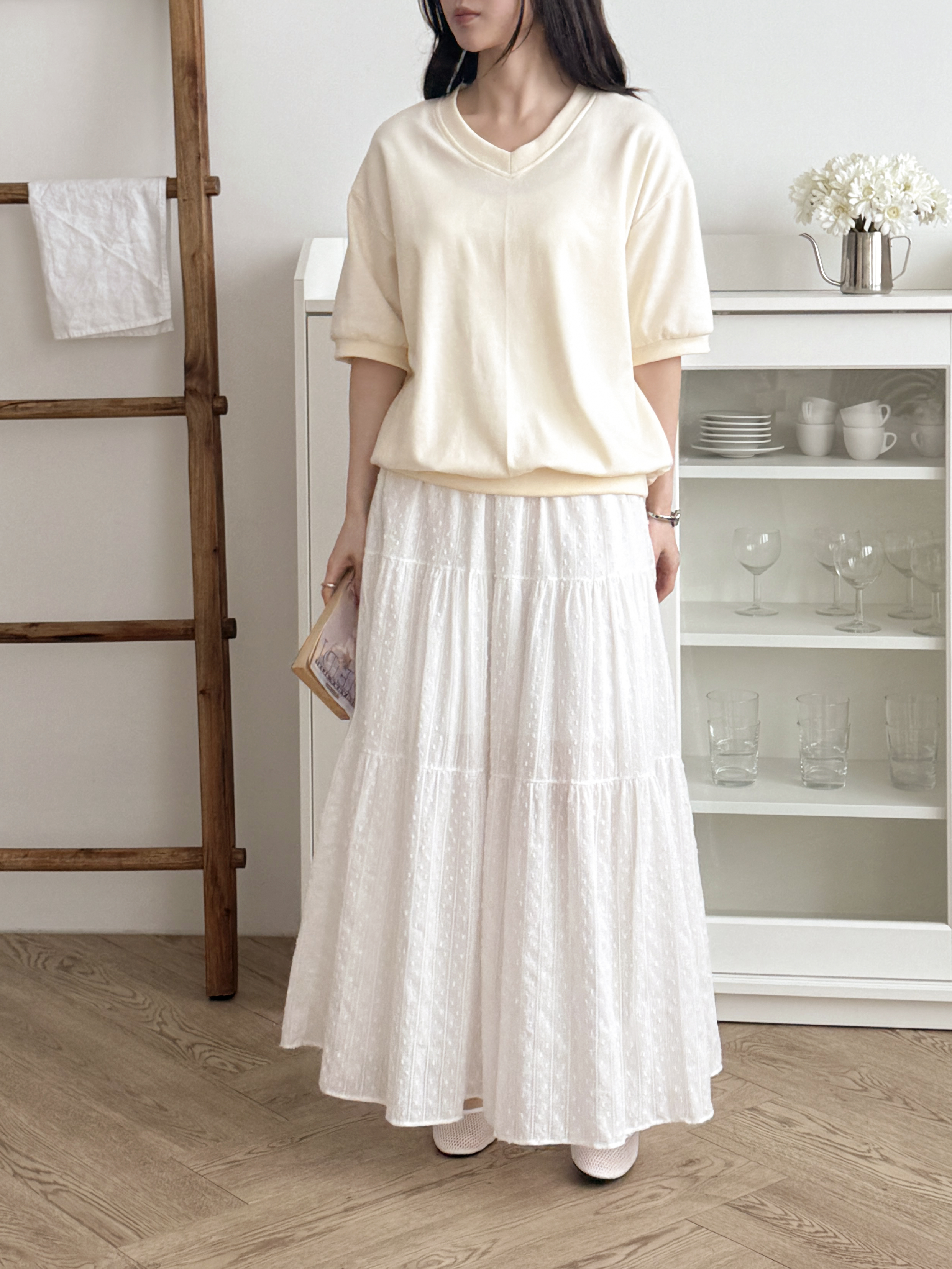 Vネック半袖ラベルドロップショルダー無地スウェット | 詳細画像12