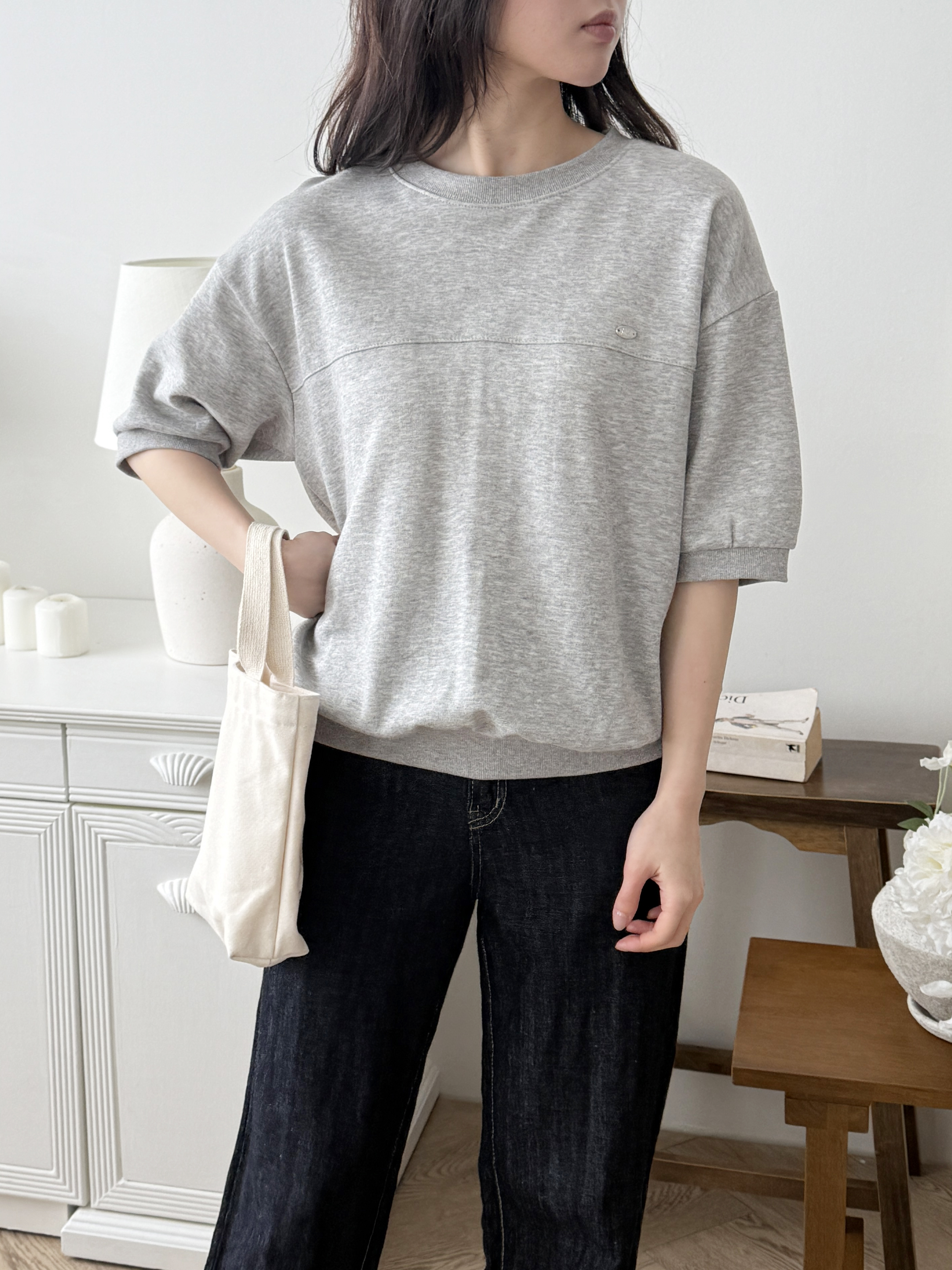 ラウンドネックラインルーズ半袖ペンダントドロップショルダー無地スウェット | 詳細画像2