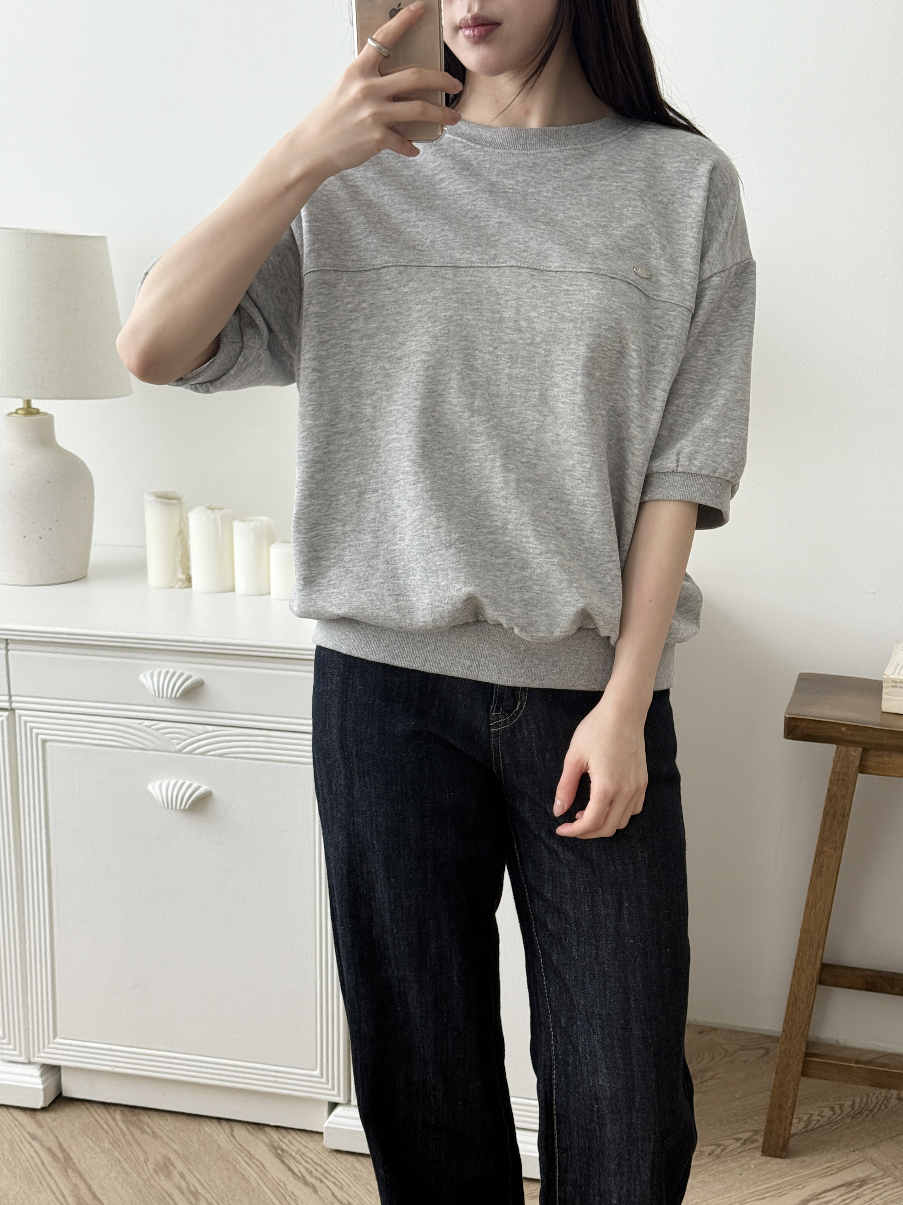 ラウンドネックラインルーズ半袖ペンダントドロップショルダー無地スウェット | 詳細画像3