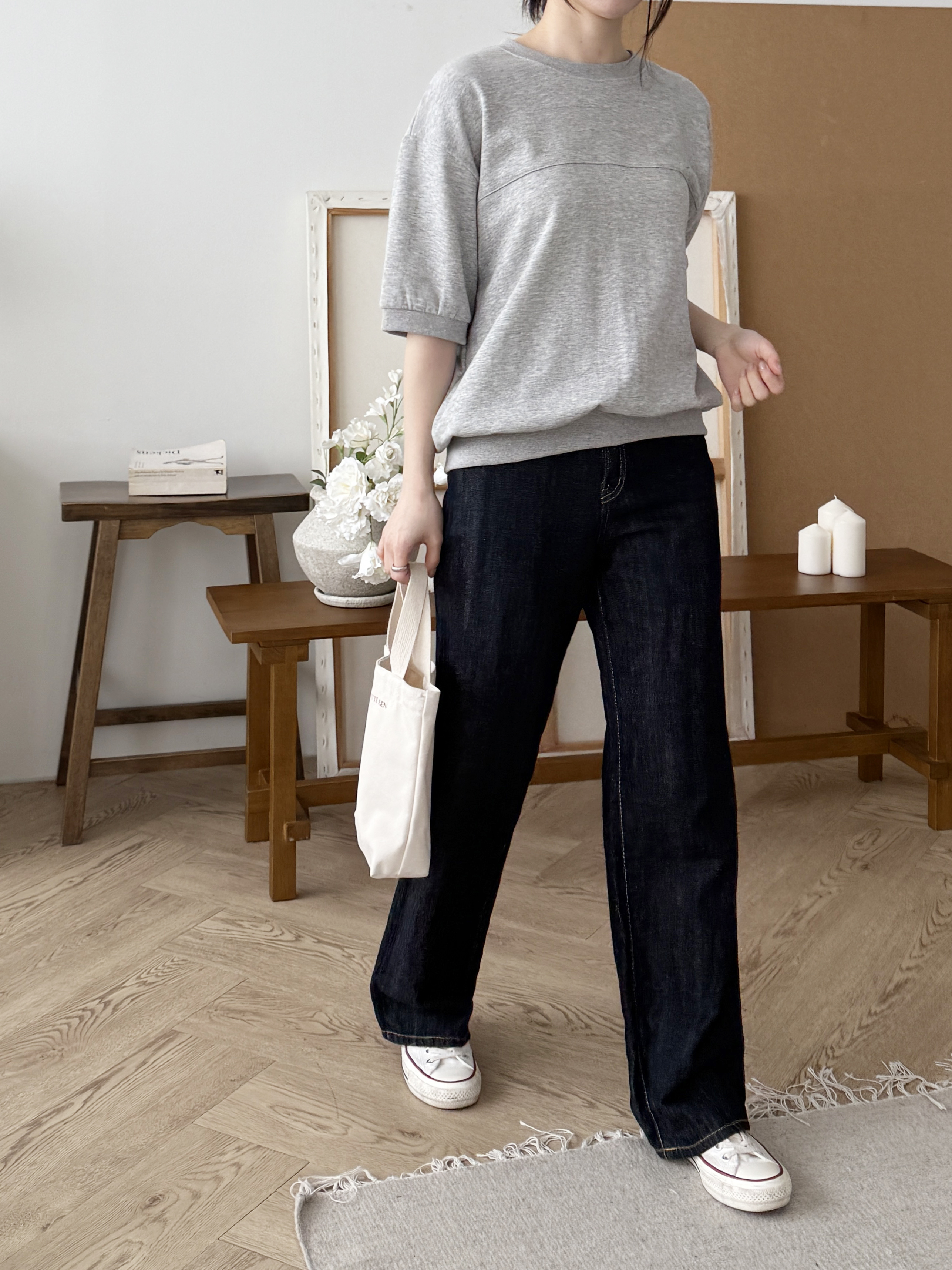 ラウンドネックラインルーズ半袖ペンダントドロップショルダー無地スウェット | 詳細画像5