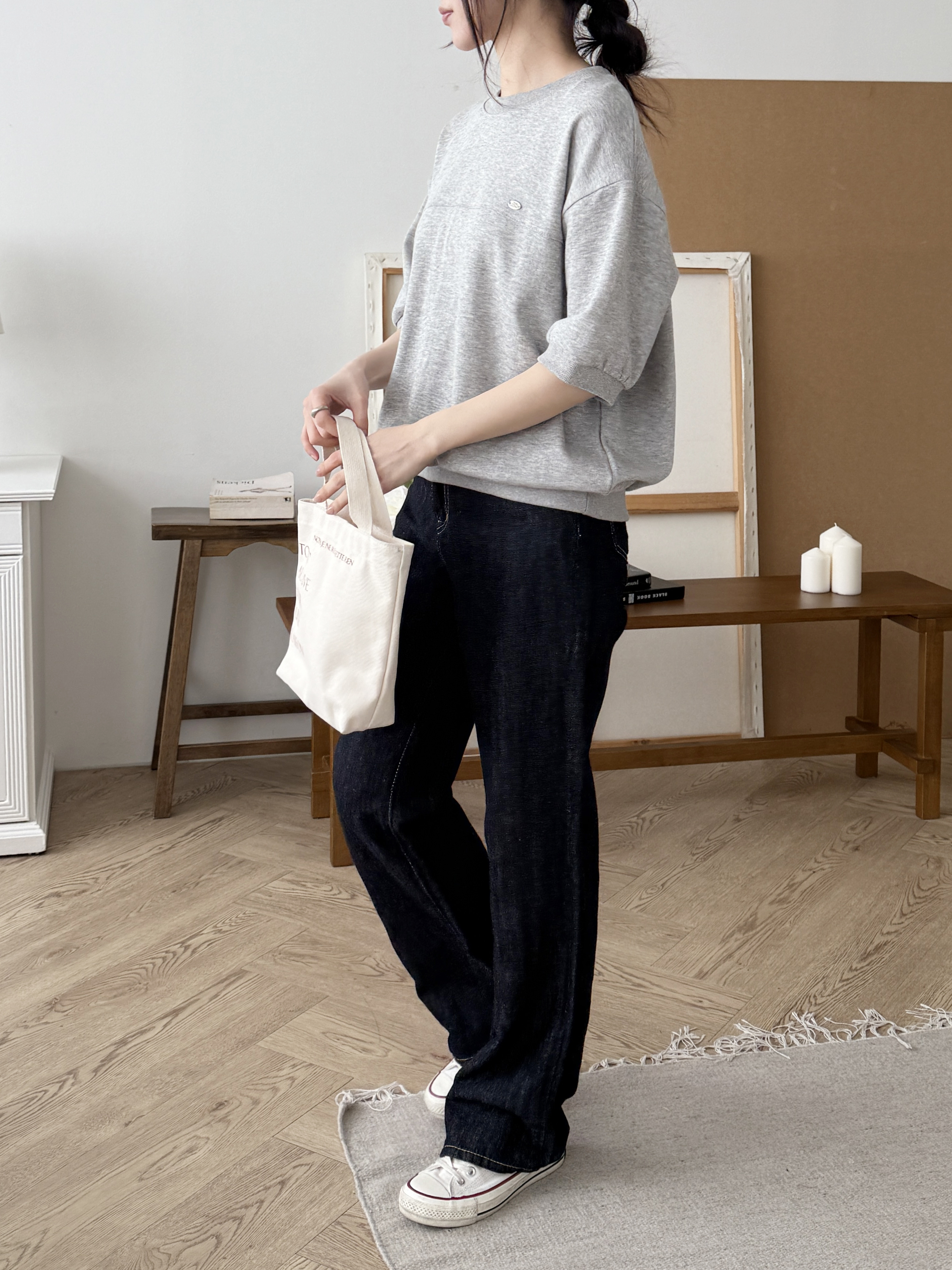 ラウンドネックラインルーズ半袖ペンダントドロップショルダー無地スウェット | 詳細画像7