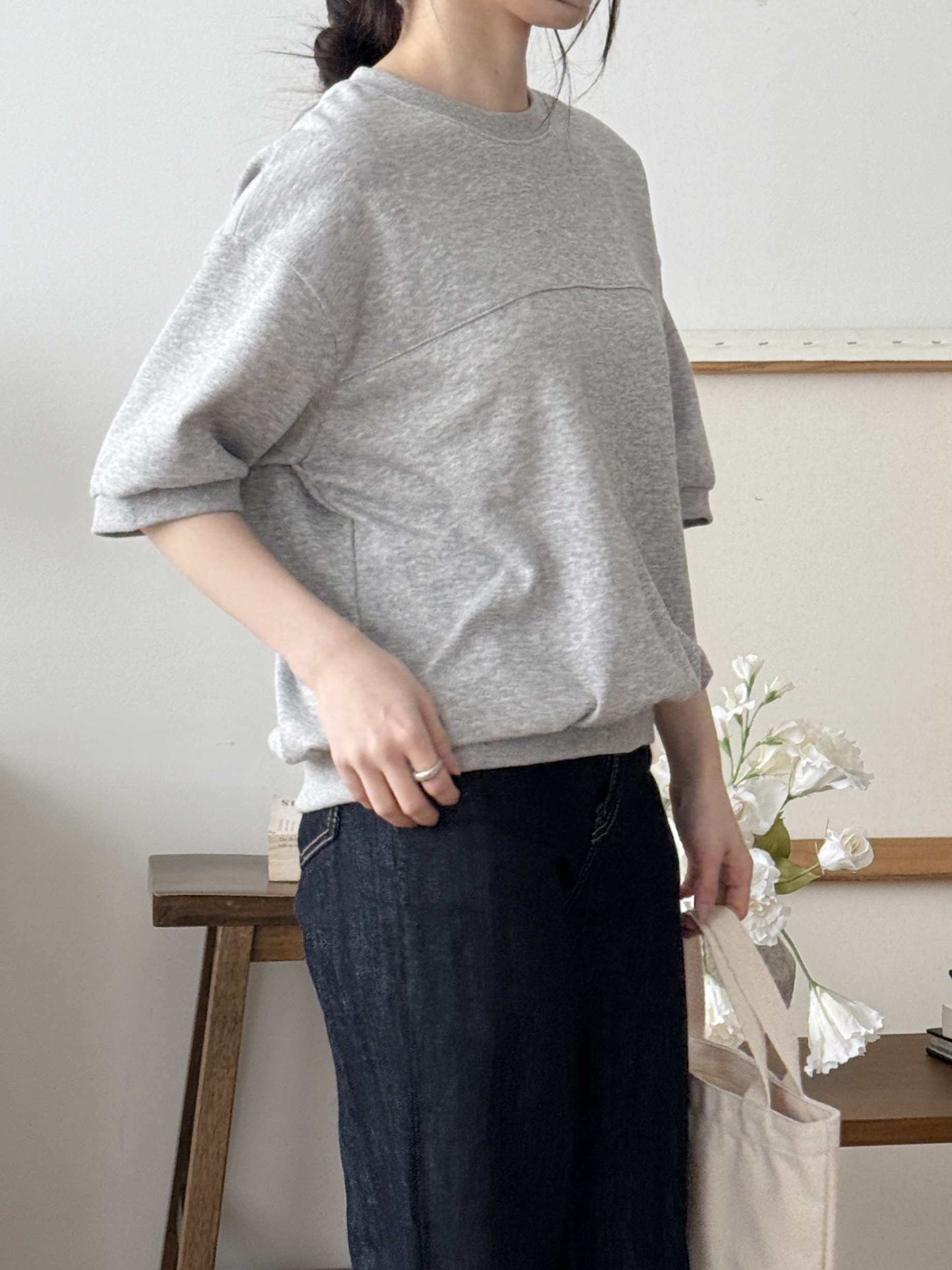 ラウンドネックラインルーズ半袖ペンダントドロップショルダー無地スウェット | 詳細画像8