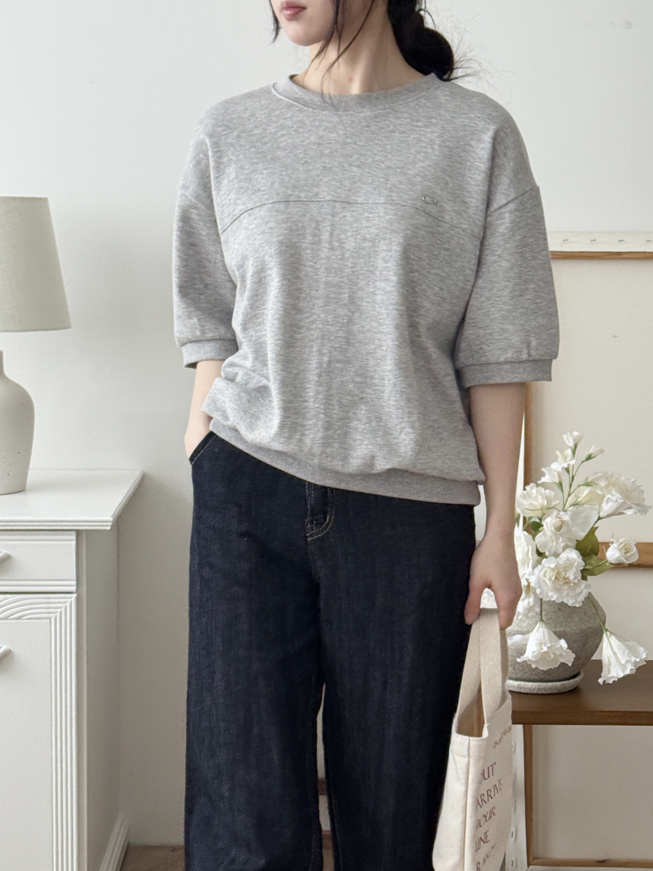 ラウンドネックラインルーズ半袖ペンダントドロップショルダー無地スウェット | 詳細画像9