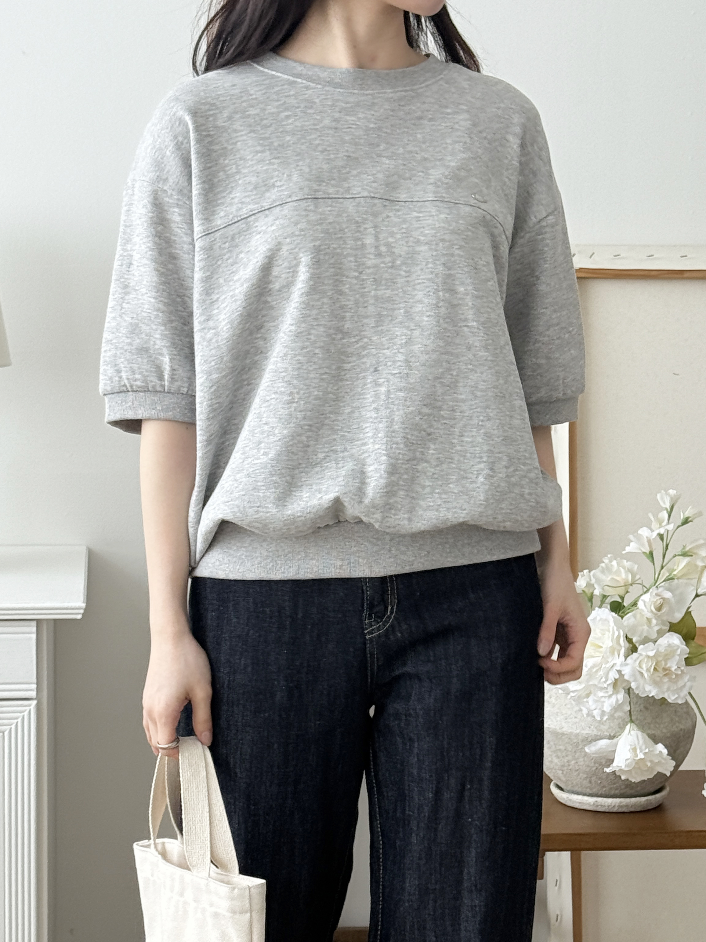 ラウンドネックラインルーズ半袖ペンダントドロップショルダー無地スウェット | 詳細画像10