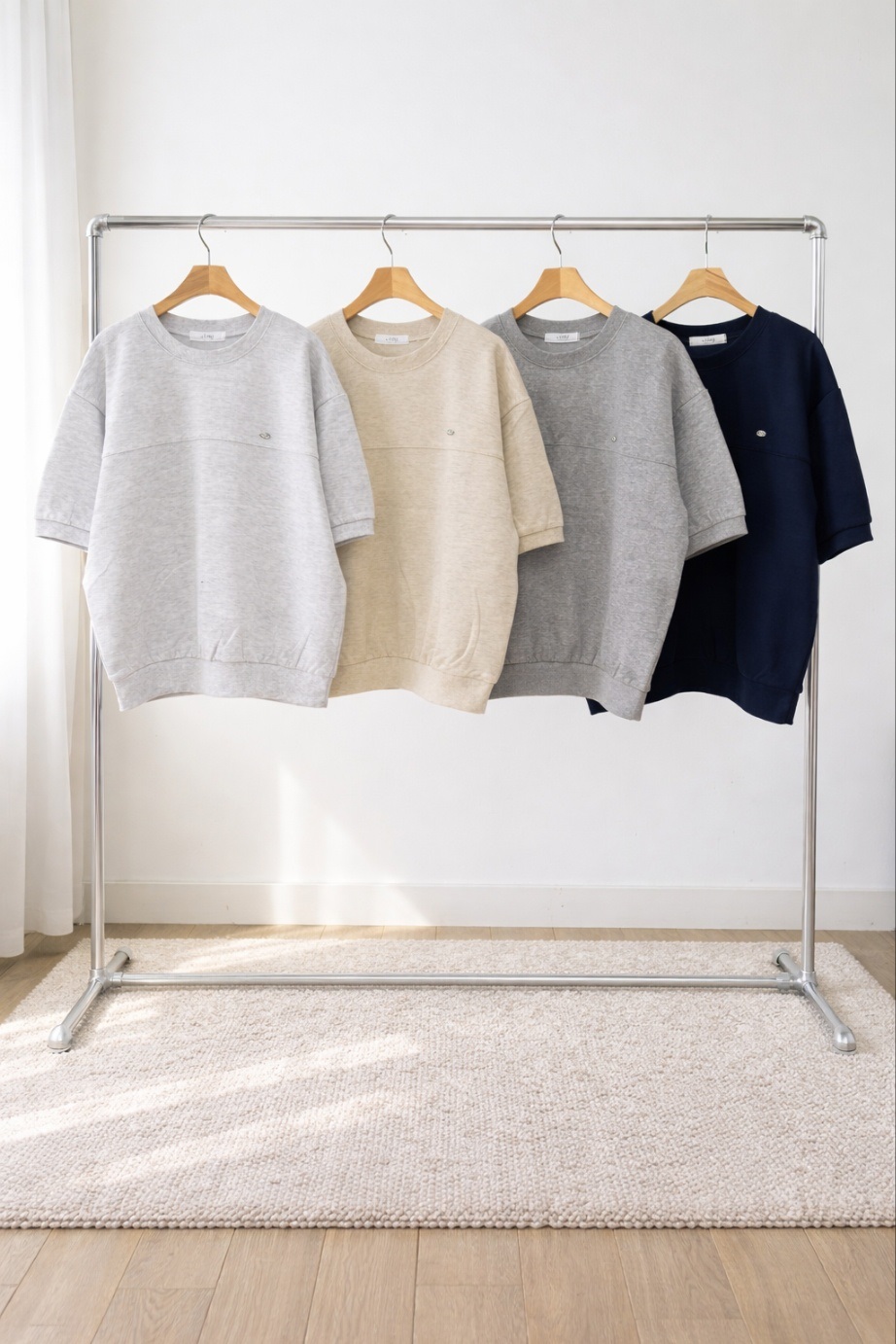 ラウンドネックラインルーズ半袖ペンダントドロップショルダー無地スウェット | 詳細画像15