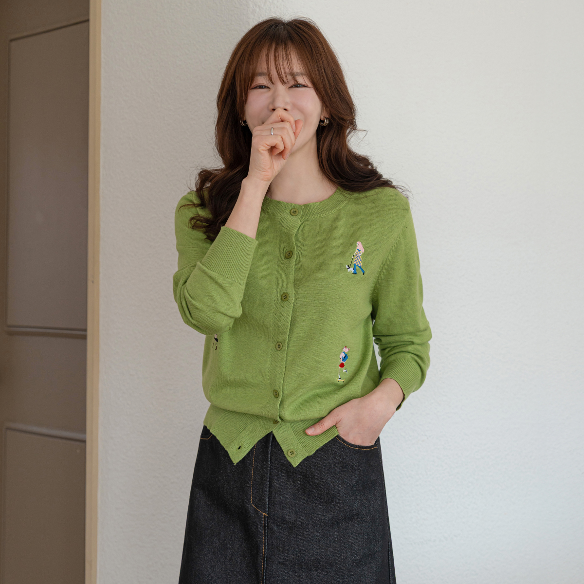 【未使用品】長袖ニットカーディガン 緑系 ニットベーシックラウンドネック長袖スリムボタン刺繍カーディガン