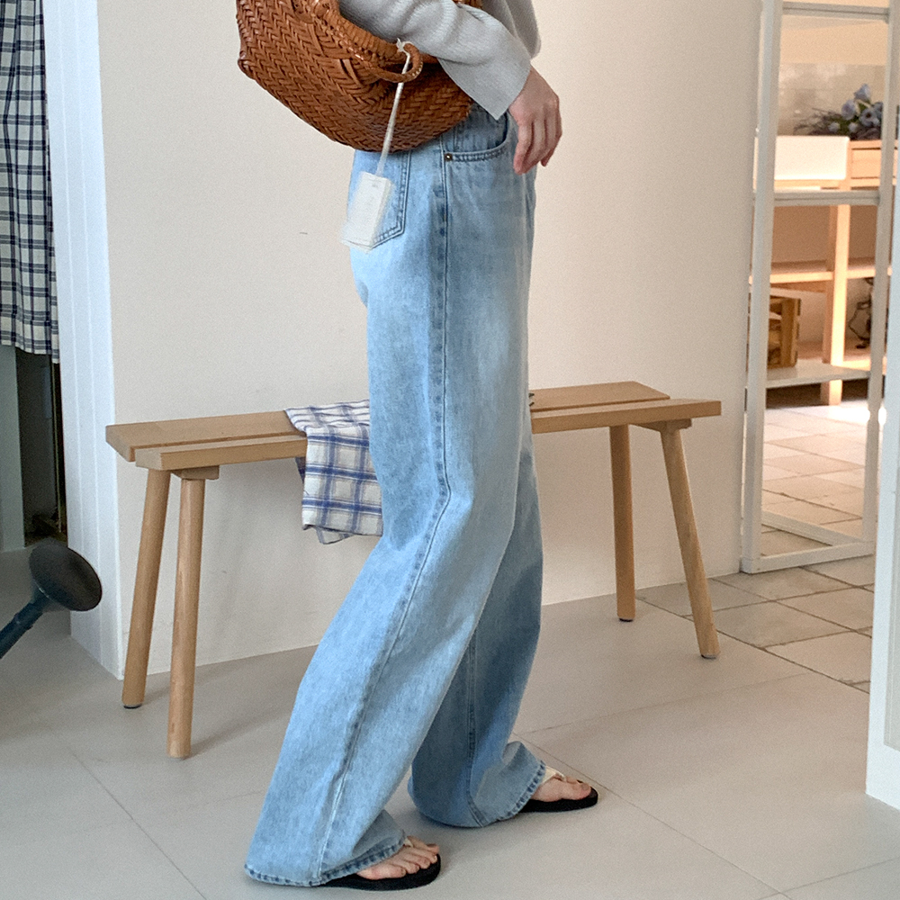コットンワイドライトブルーデニムパンツ | レディースファッション