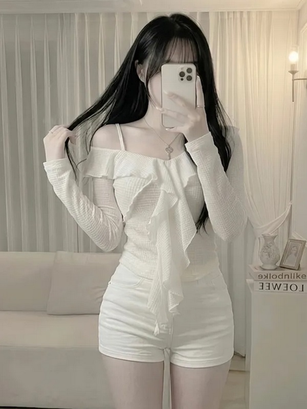 ストラップワンショルダーラッフルスリム長袖ブラウス | 詳細画像3