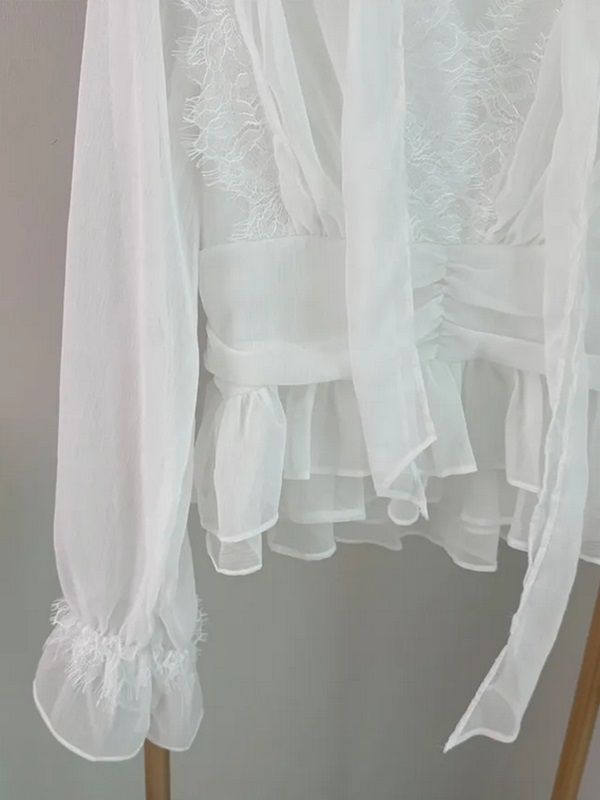 レースボウタイVネックフリルバックゴム長袖フェイクボタンブラウス | 詳細画像7