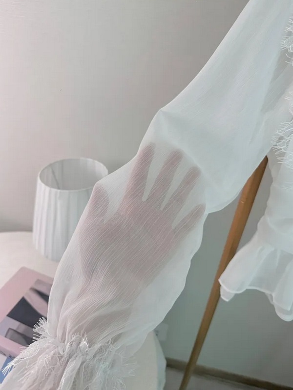 レースボウタイVネックフリルバックゴム長袖フェイクボタンブラウス | 詳細画像6