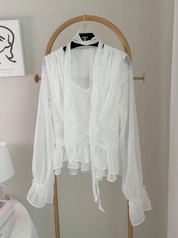 レースボウタイVネックフリルバックゴム長袖フェイクボタンブラウス | 詳細画像5