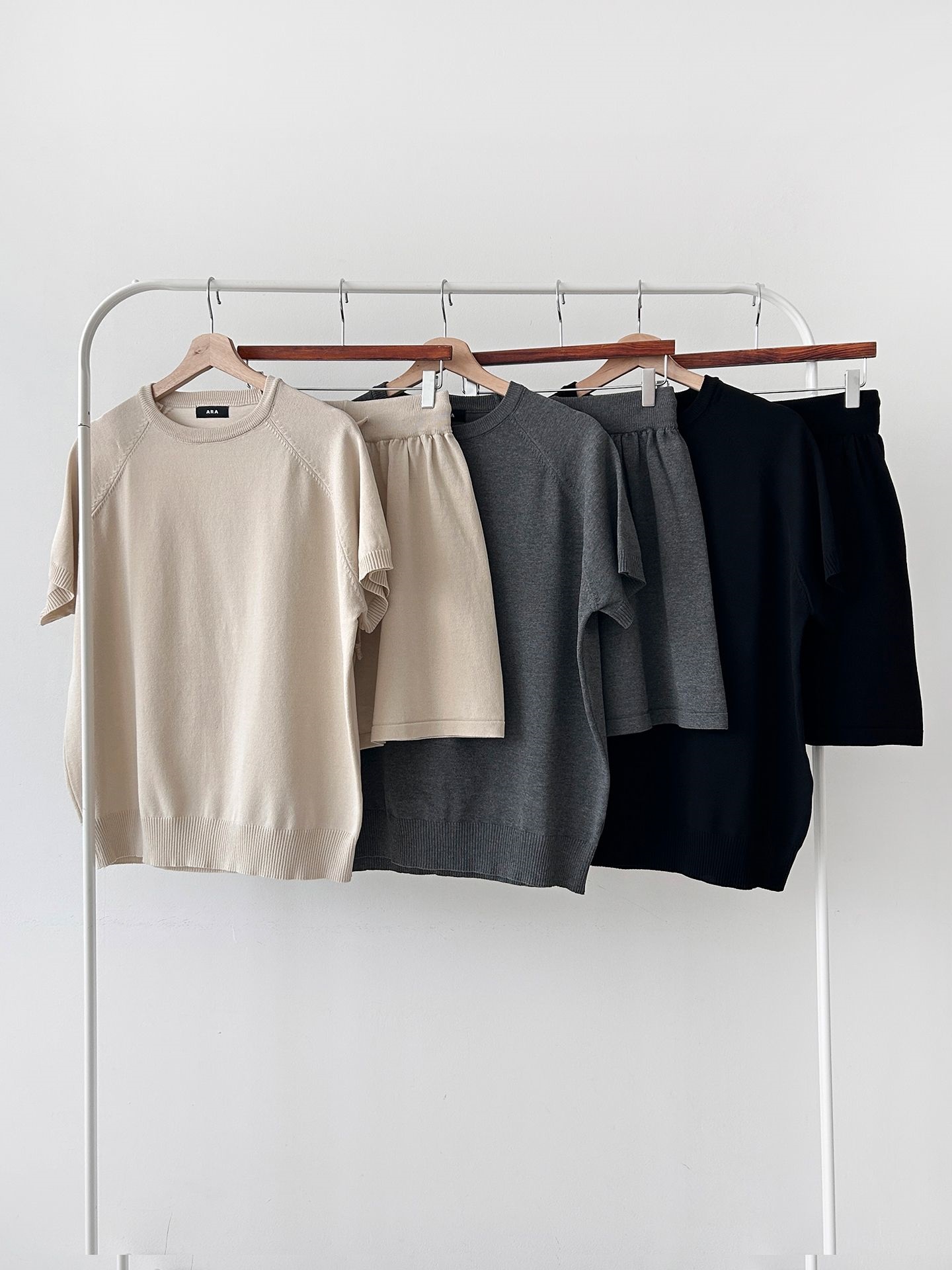 ニットラウンドネックドローストリングウエストゴムラグランショート半袖セットアップ | 詳細画像2