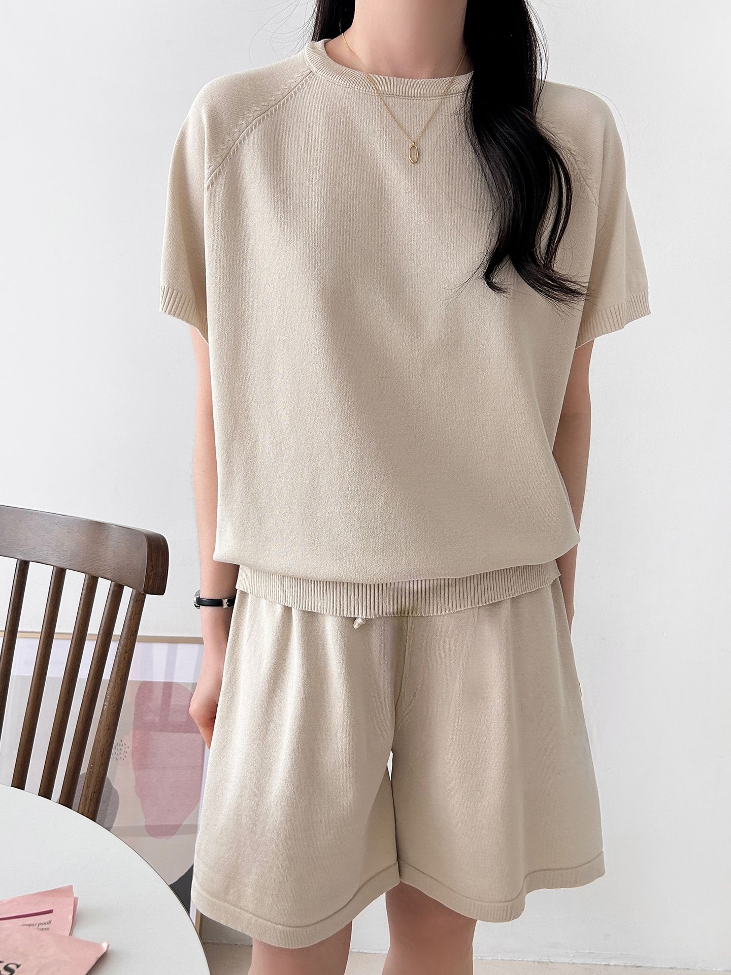 ニットラウンドネックドローストリングウエストゴムラグランショート半袖セットアップ | 詳細画像6
