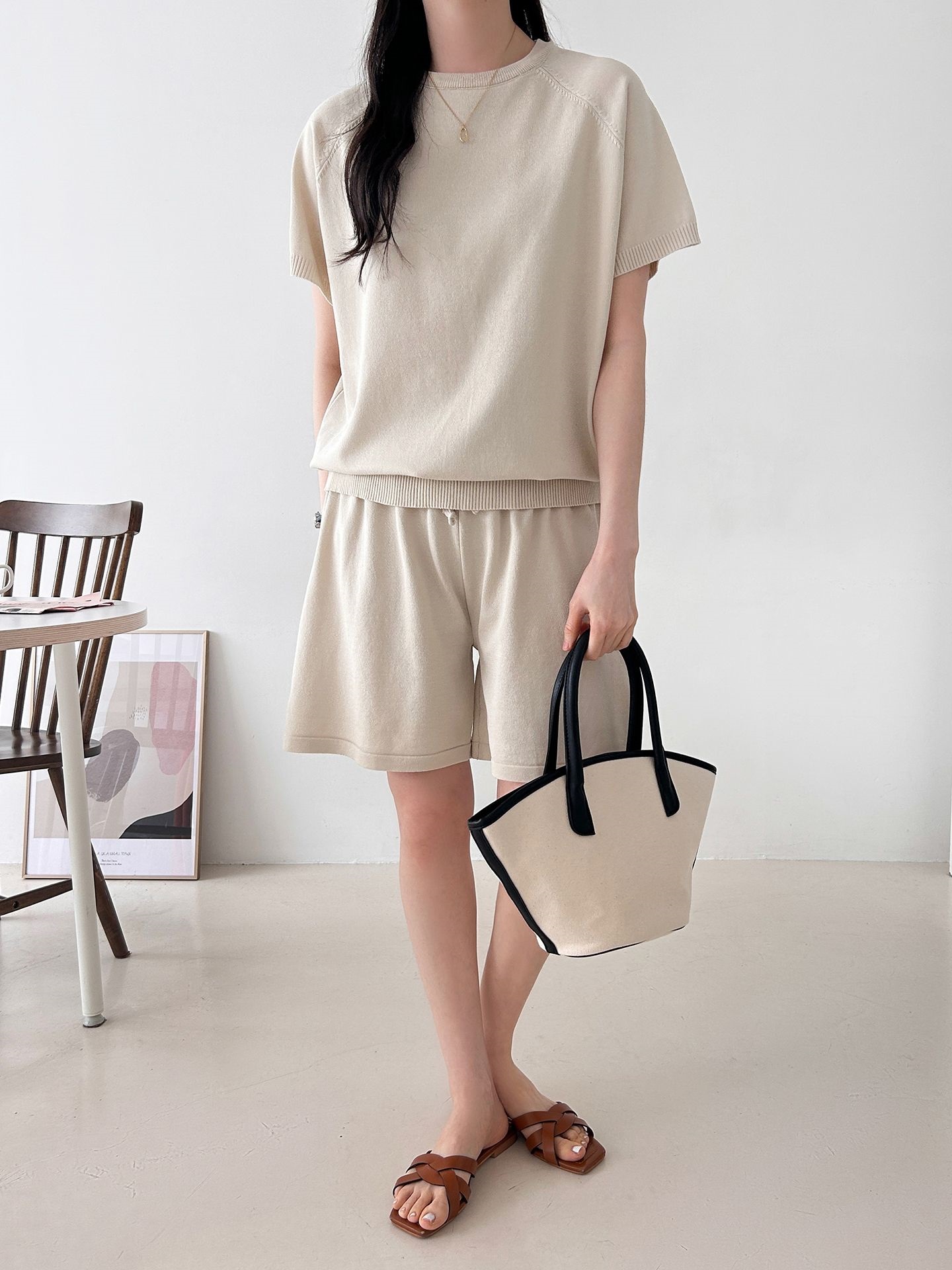 ニットラウンドネックドローストリングウエストゴムラグランショート半袖セットアップ | 詳細画像10