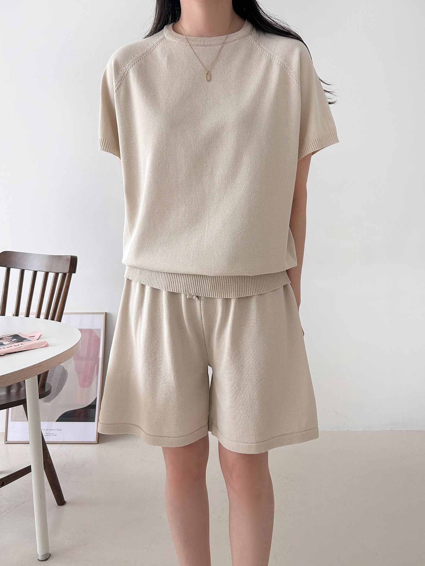 ニットラウンドネックドローストリングウエストゴムラグランショート半袖セットアップ | 詳細画像14