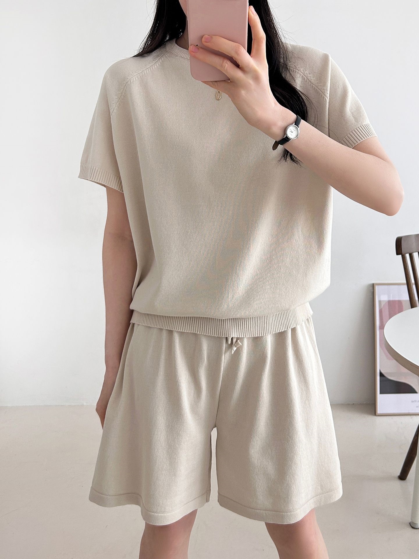 ニットラウンドネックドローストリングウエストゴムラグランショート半袖セットアップ | 詳細画像22