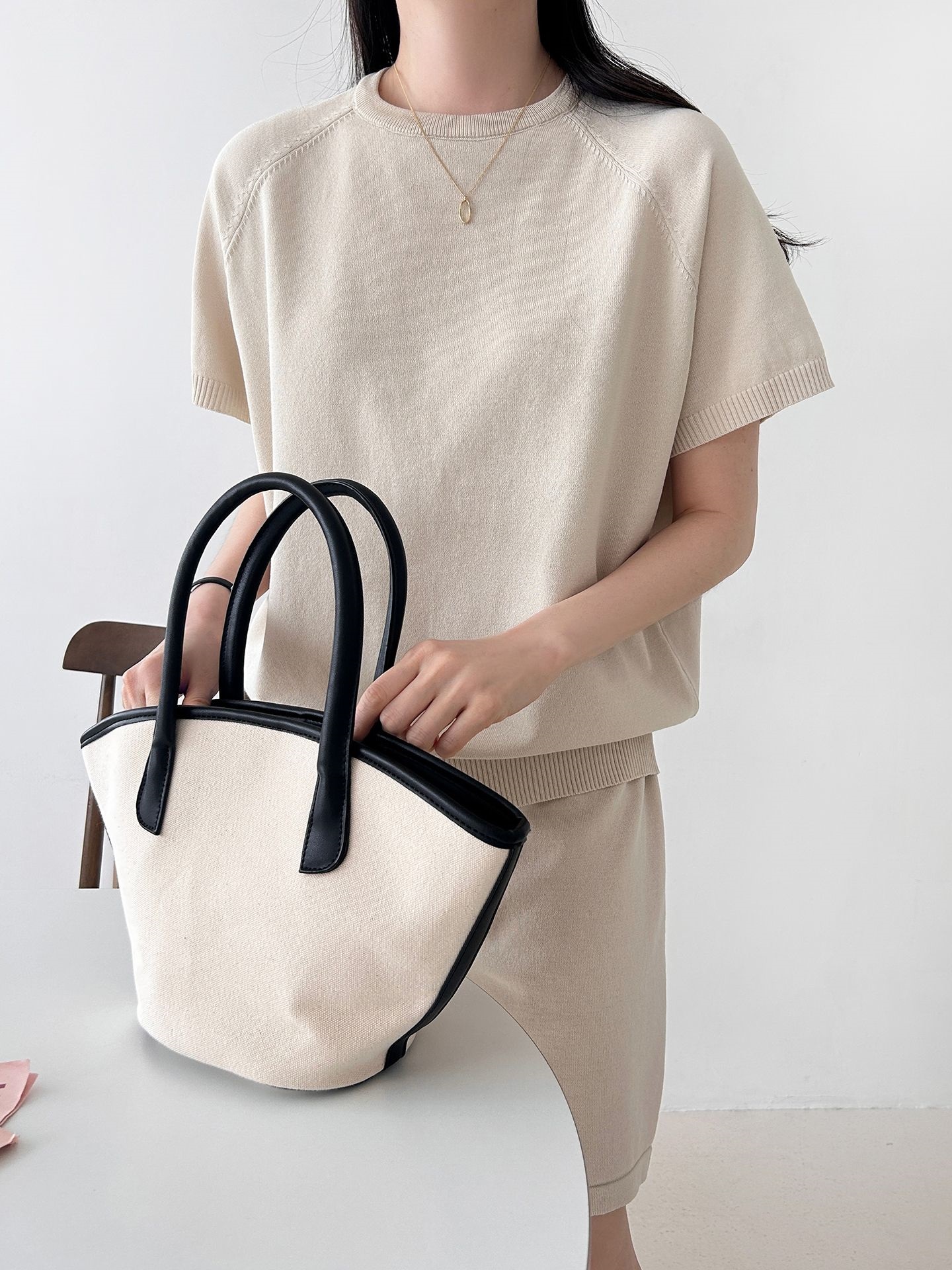 ニットラウンドネックドローストリングウエストゴムラグランショート半袖セットアップ | 詳細画像18