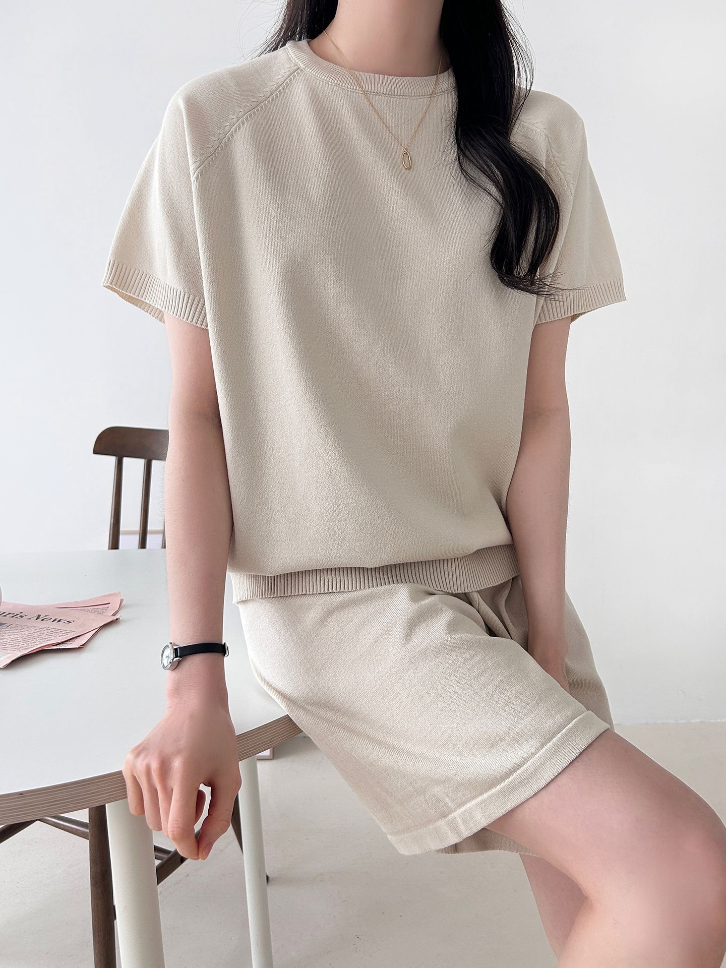 ニットラウンドネックドローストリングウエストゴムラグランショート半袖セットアップ | 詳細画像20