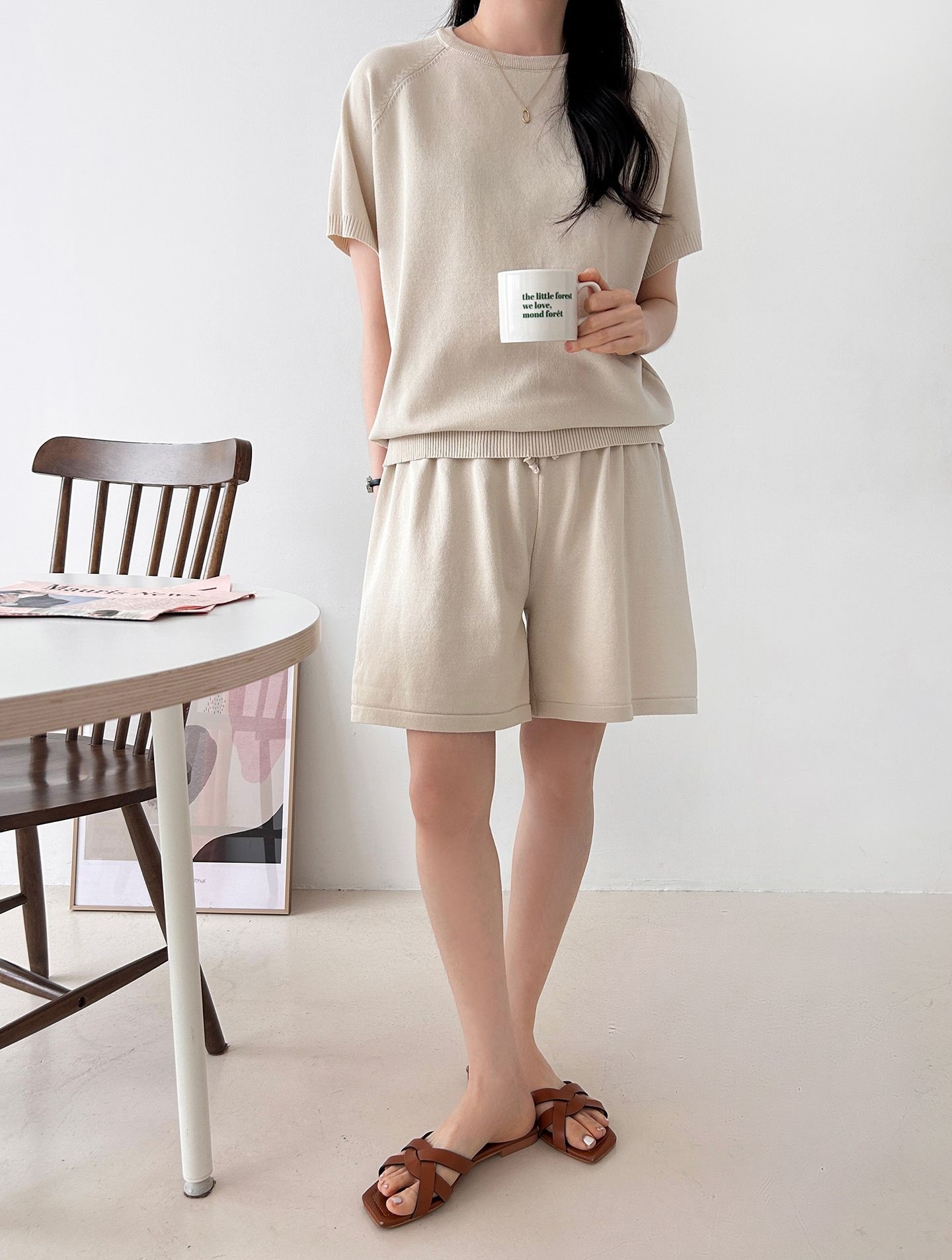 ニットラウンドネックドローストリングウエストゴムラグランショート半袖セットアップ | 詳細画像24