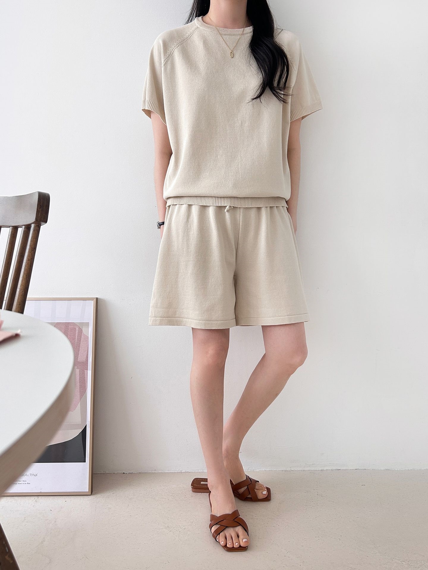 ニットラウンドネックドローストリングウエストゴムラグランショート半袖セットアップ | 詳細画像28