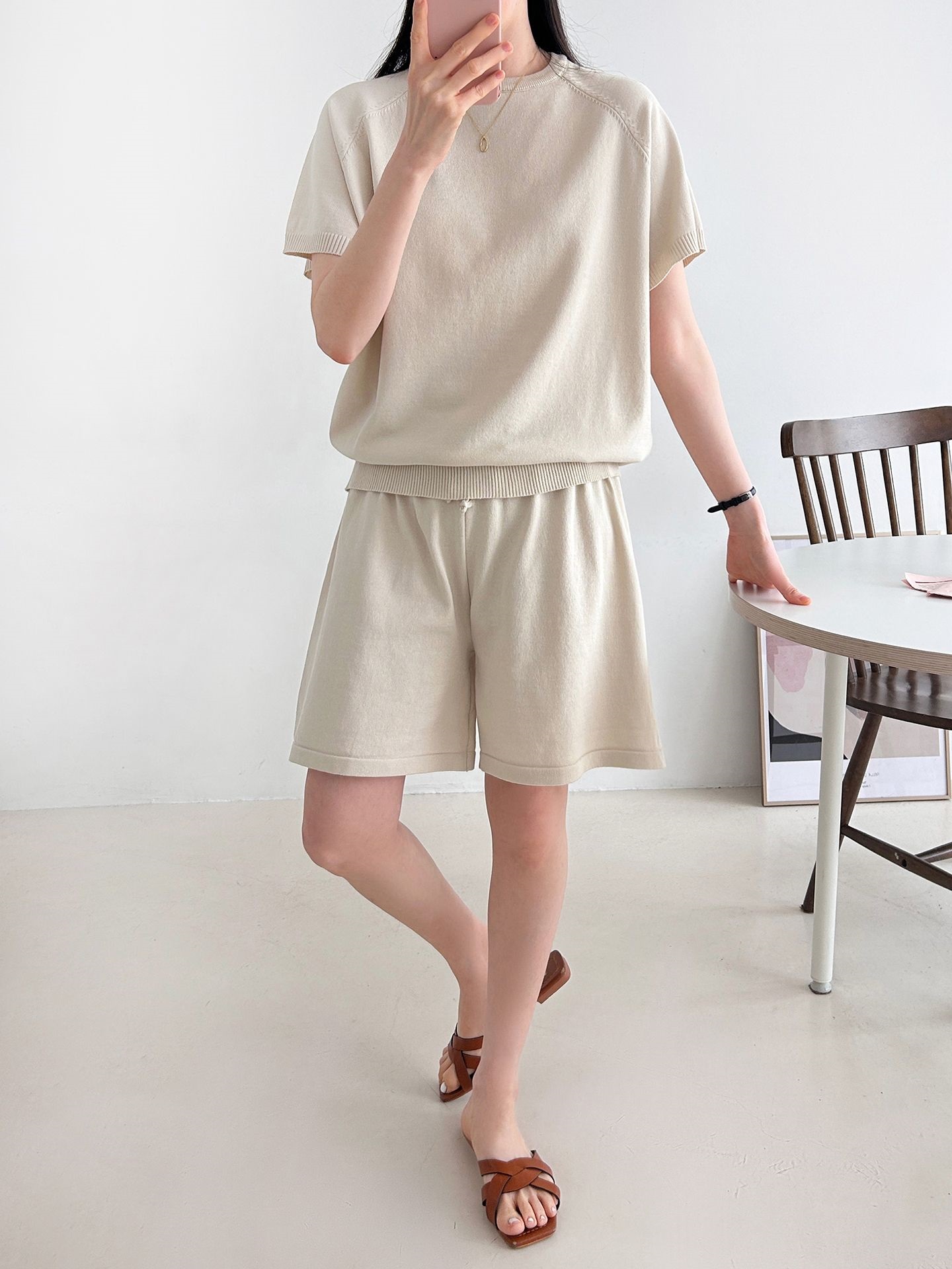 ニットラウンドネックドローストリングウエストゴムラグランショート半袖セットアップ | 詳細画像26