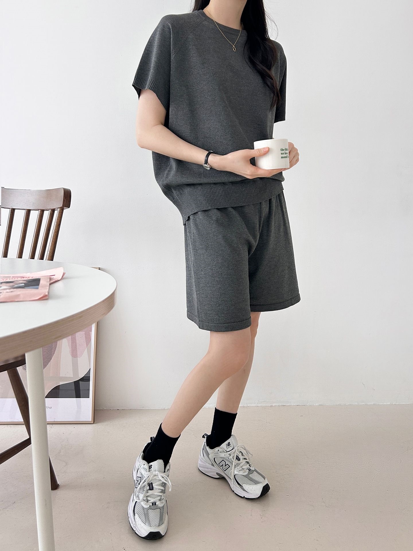 ニットラウンドネックドローストリングウエストゴムラグランショート半袖セットアップ | 詳細画像4