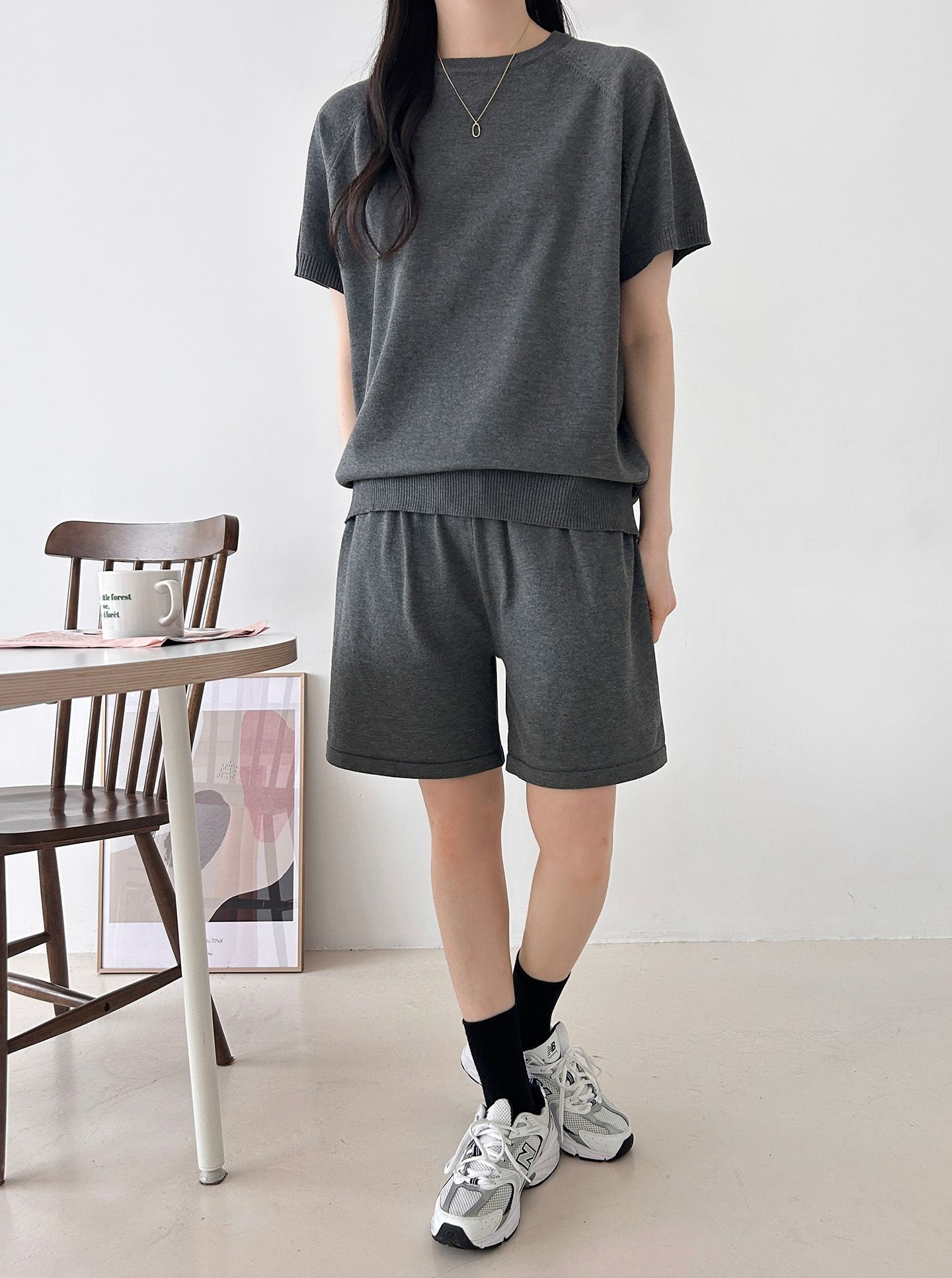 ニットラウンドネックドローストリングウエストゴムラグランショート半袖セットアップ | 詳細画像8