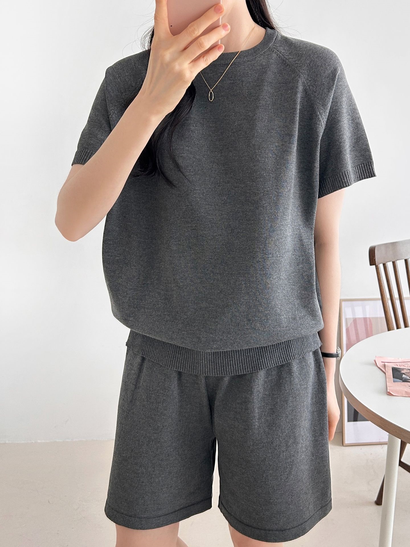 ニットラウンドネックドローストリングウエストゴムラグランショート半袖セットアップ | 詳細画像12