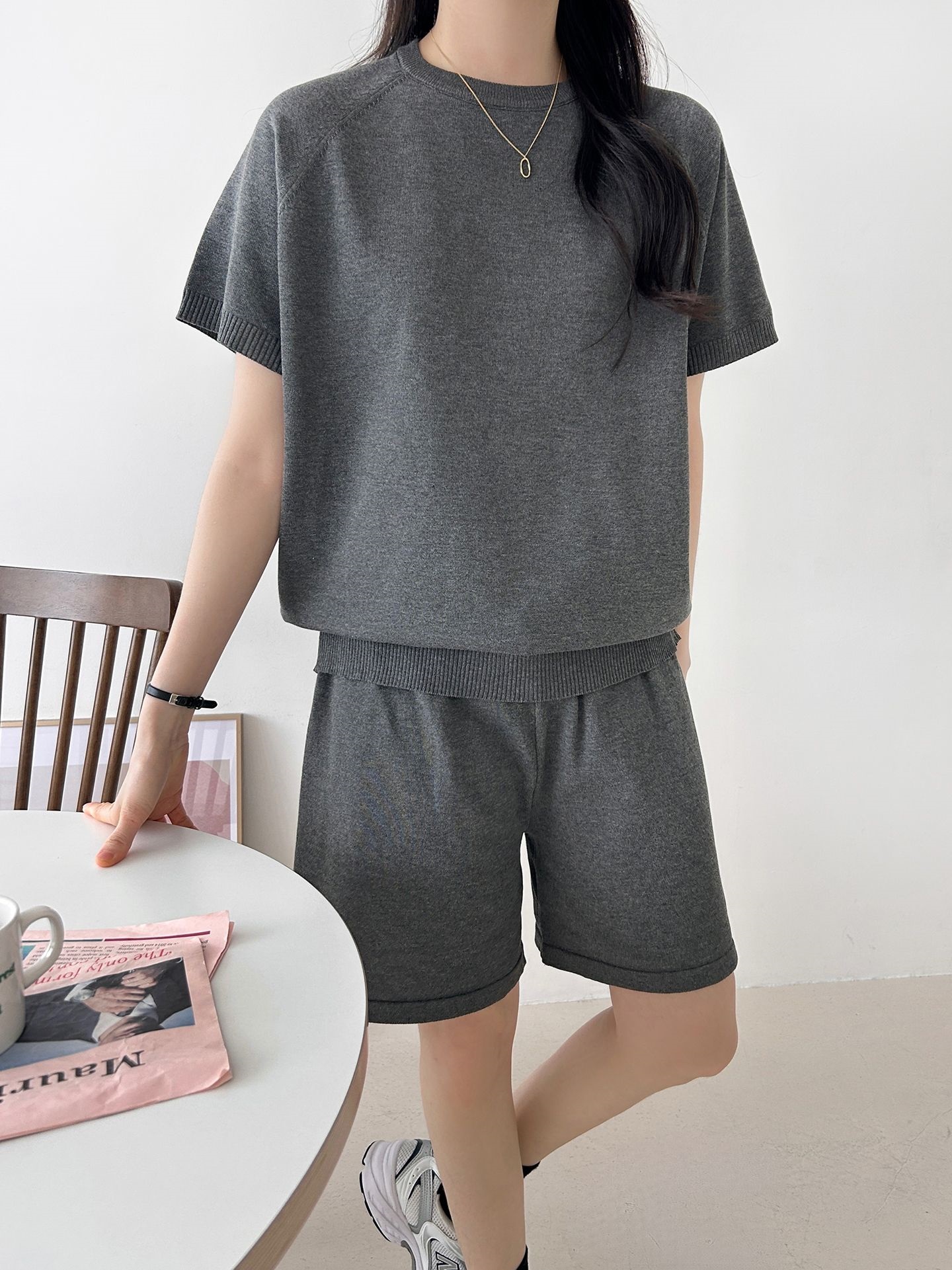ニットラウンドネックドローストリングウエストゴムラグランショート半袖セットアップ | 詳細画像16