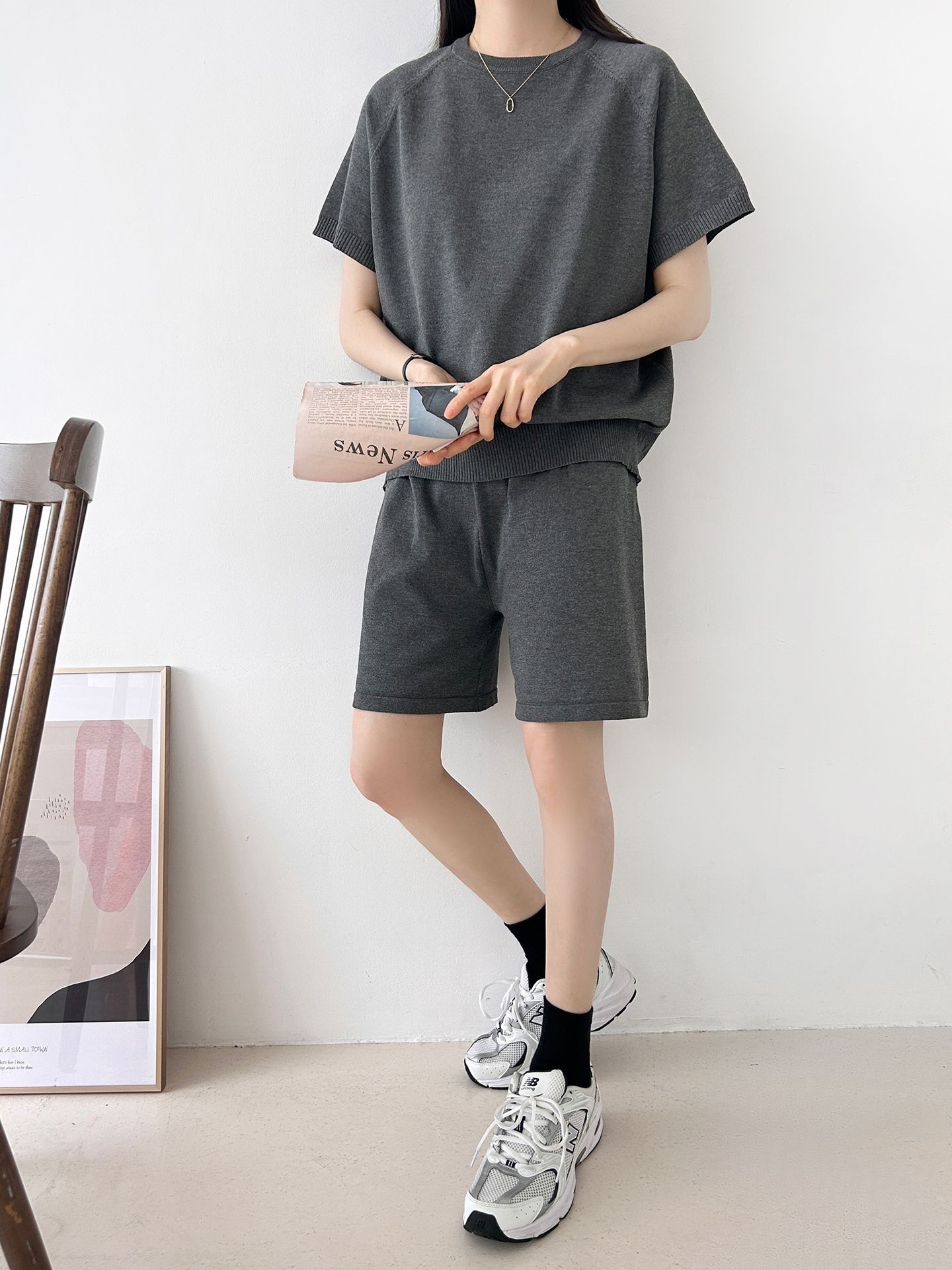 ニットラウンドネックドローストリングウエストゴムラグランショート半袖セットアップ | 詳細画像19